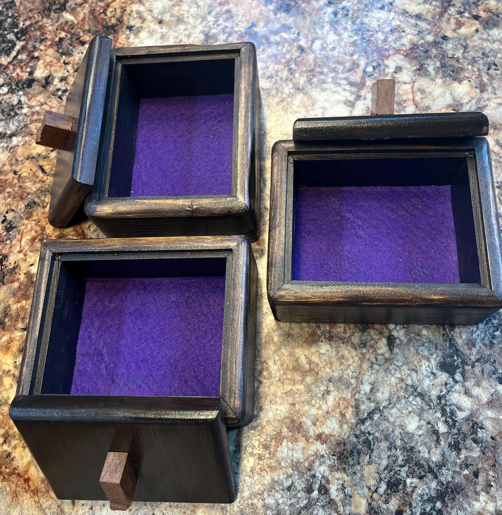 Handmade Spruce Wood Jewelry Box Set – Raw Walnut Pulls, Purple Felt Lined
