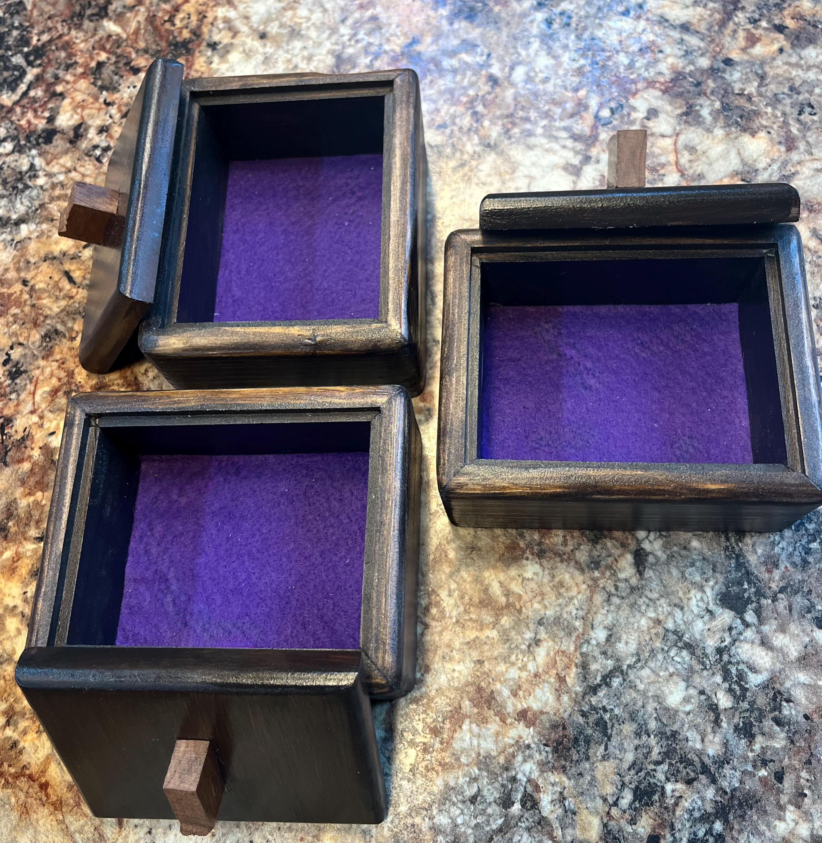 Handmade Spruce Wood Jewelry Box Set – Raw Walnut Pulls, Purple Felt Lined