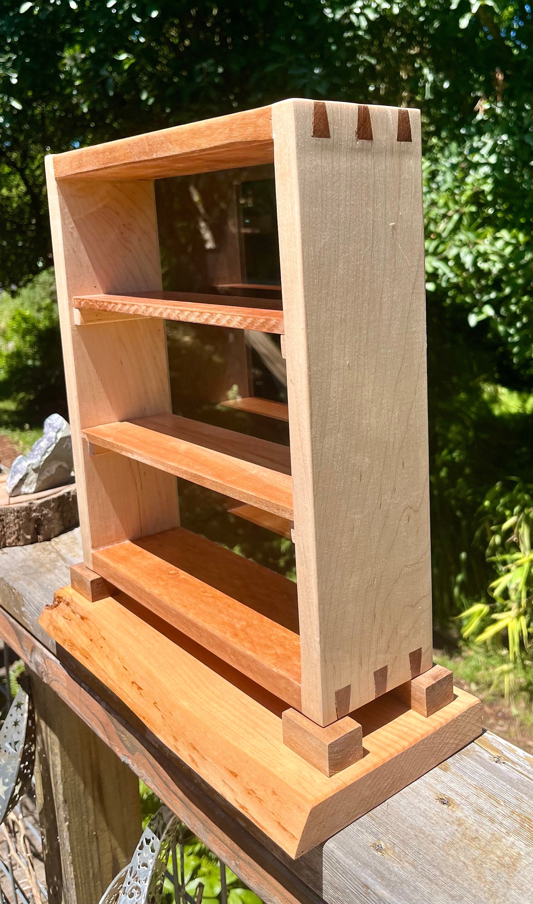 Handmade Wood Desktop Shelf: Mahogany, Oak & Live Edge Alder Base