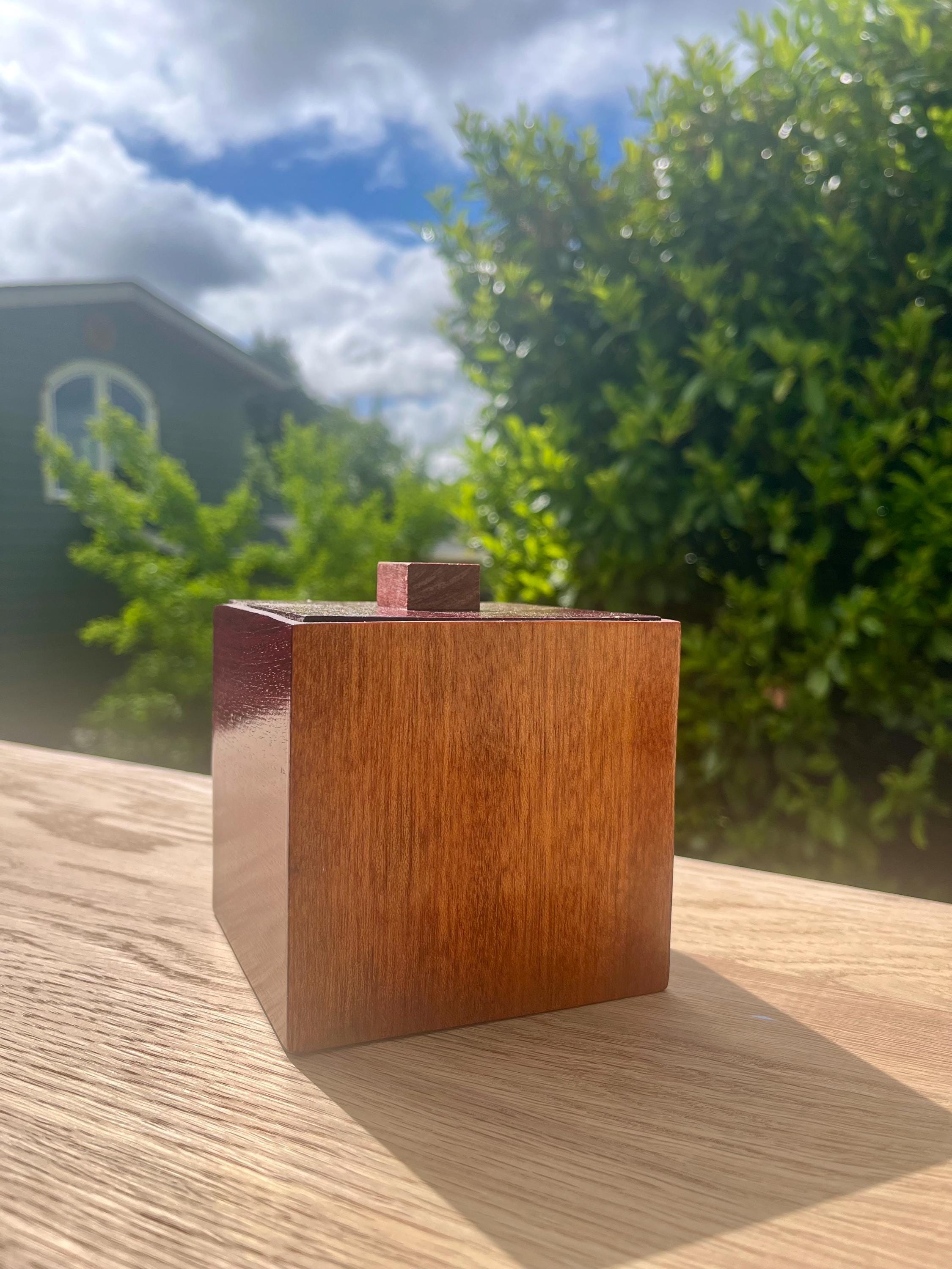 Handmade Mahogany & Purpleheart Keepsake Box: Reclaimed Wood, Blue Felt Lined