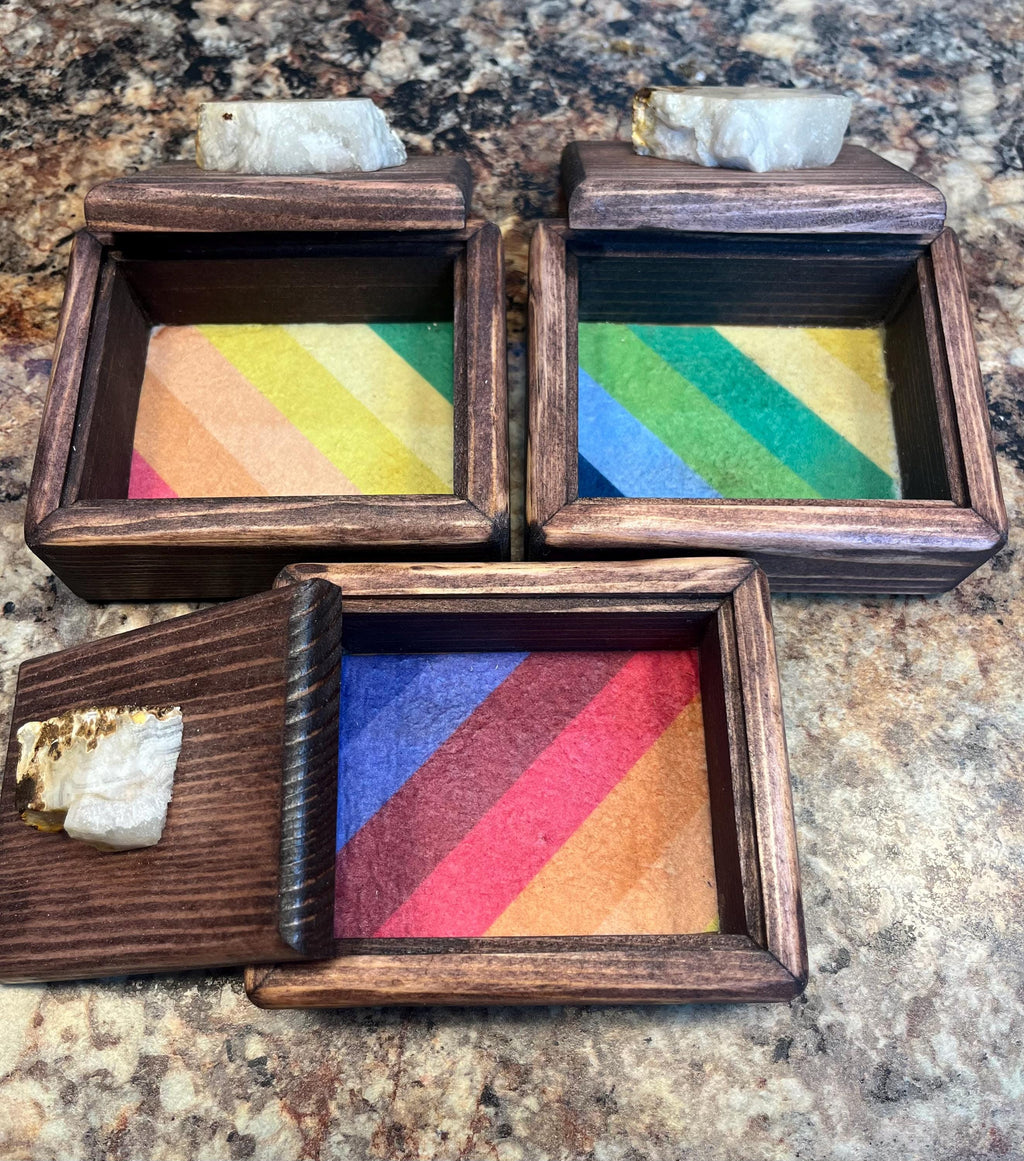 Handmade Spruce Wood Jewelry Box Set – Oregon Thunderegg Pulls, Rainbow Felt Lined