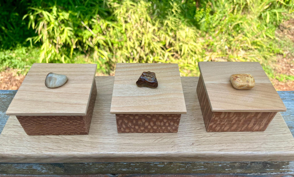 Handmade Leopardwood Box Set: Oregon Agate Pulls, Oak Tray