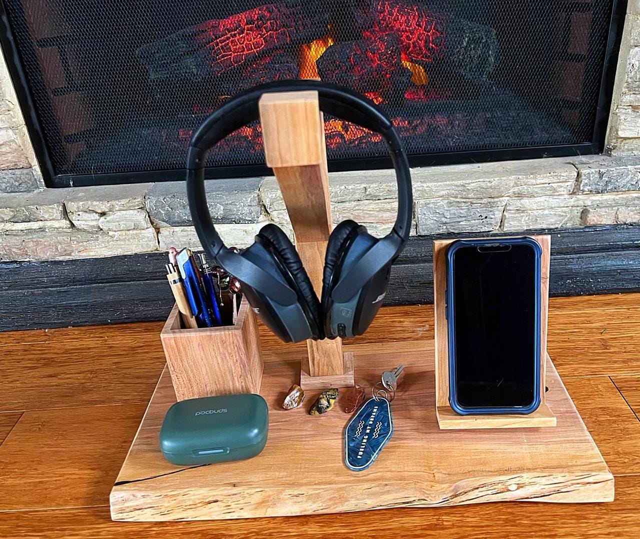 Handcrafted Plum Wood Headphone Stand with Phone & Pen Holder