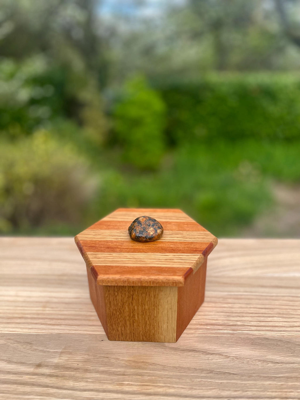 Handcrafted Oak & Mahogany Hexagonal Storage Box with New Zealand Beach Stone Pull