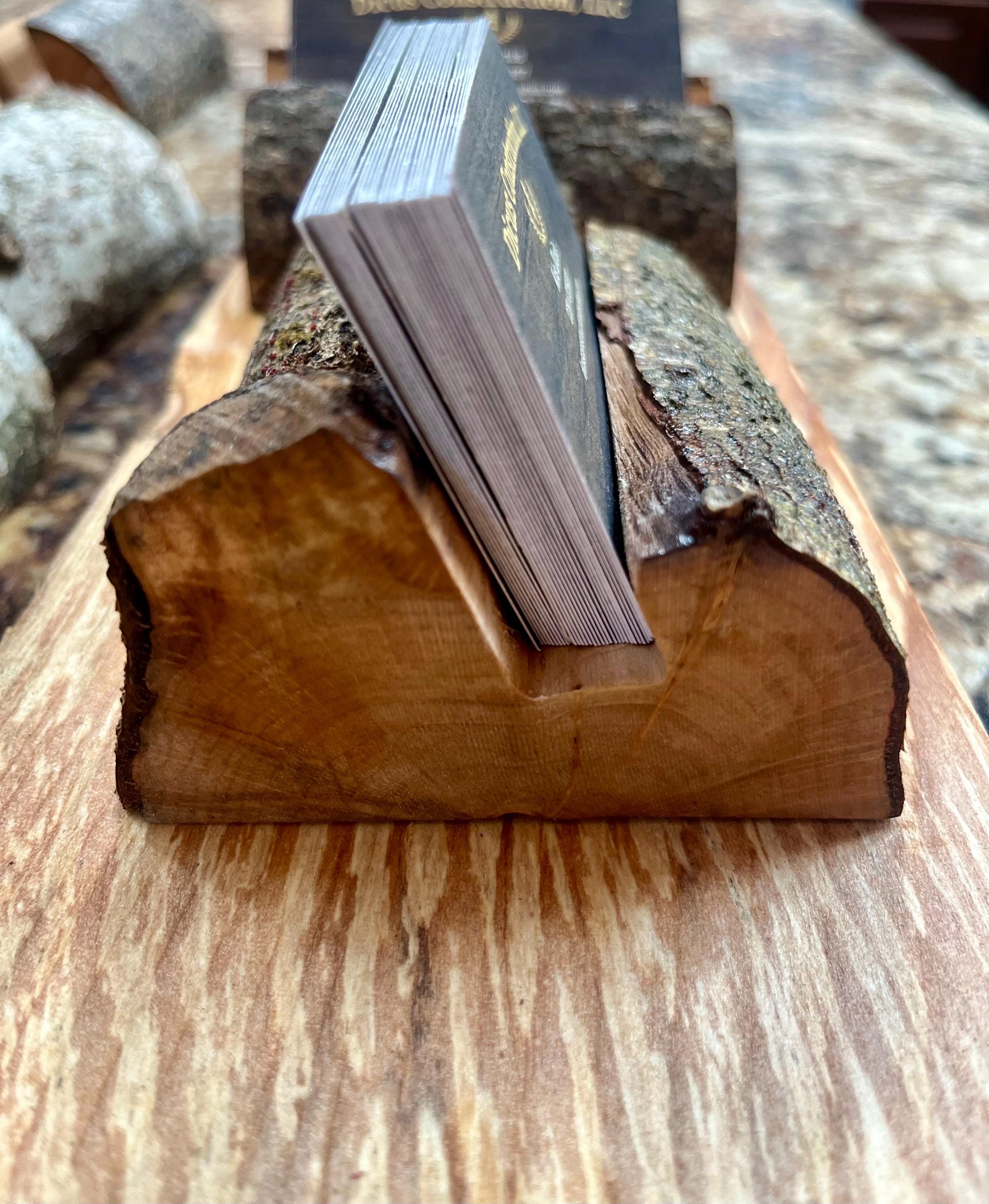 Handmade Plum Wood Business Card Holder: Rustic Desk Decor