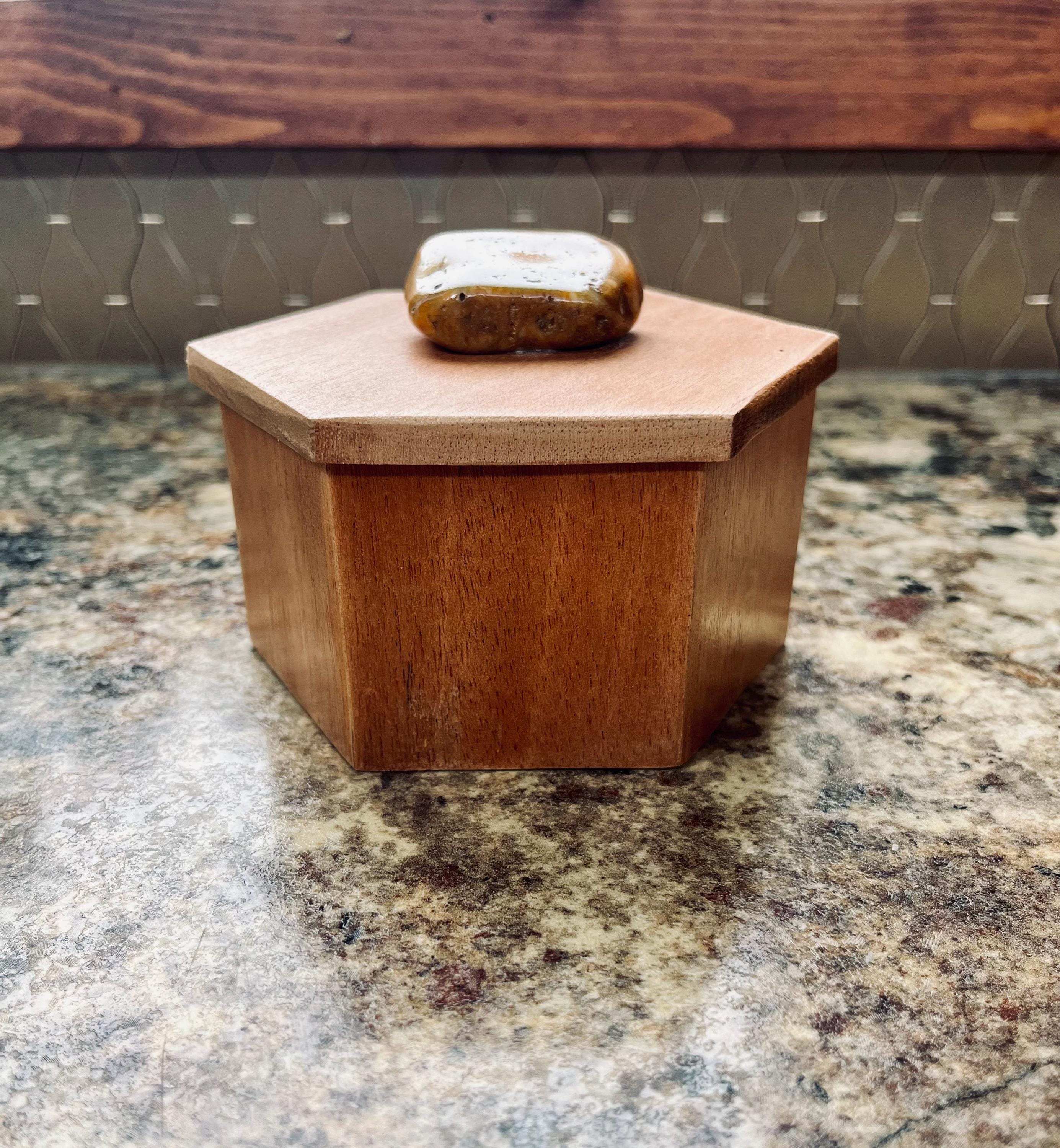 Handmade Mahogany Hexagon Jewelry Box with Agate Stone Lid