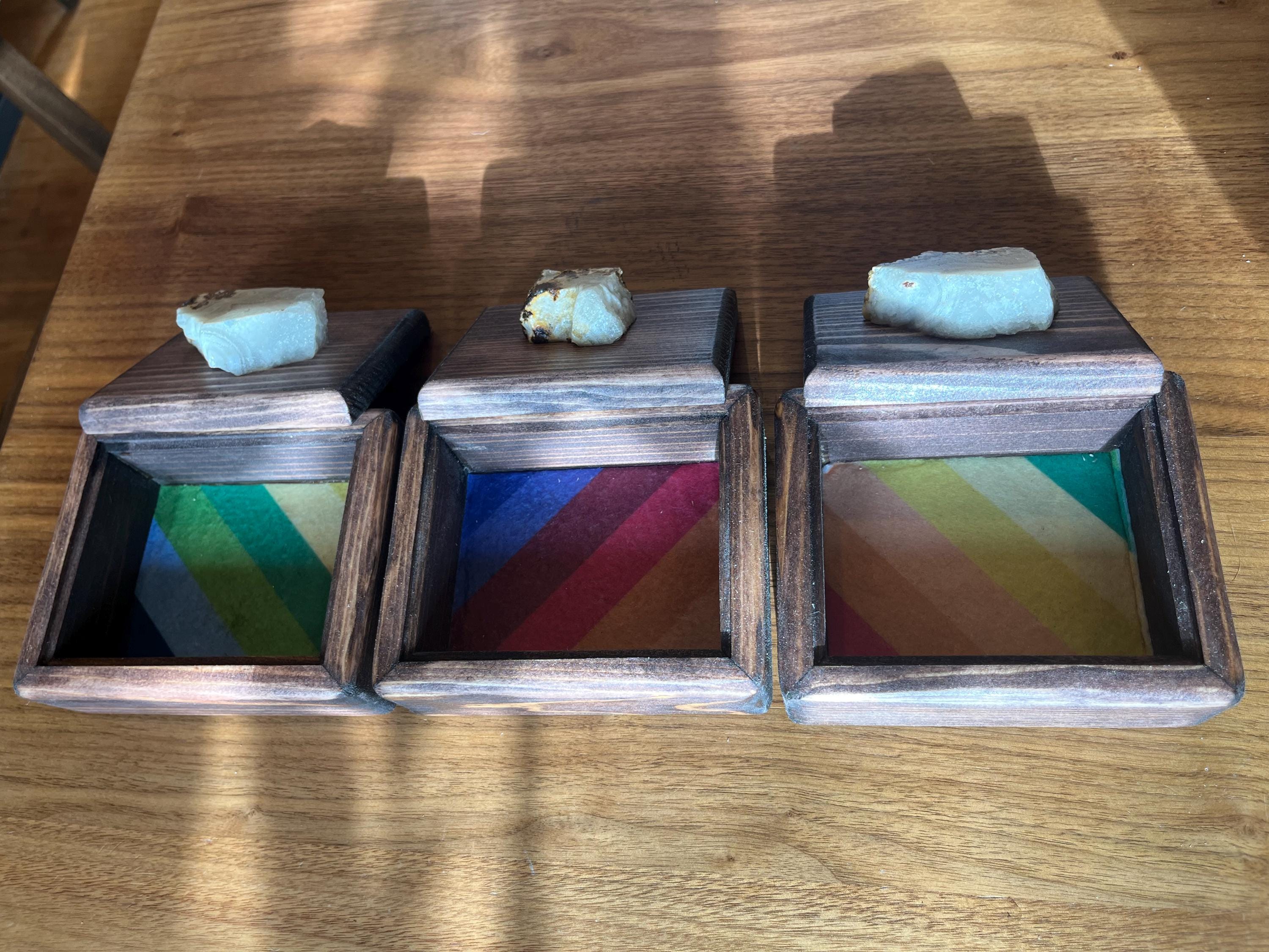 Handmade Spruce Wood Jewelry Box Set – Oregon Thunderegg Pulls, Rainbow Felt Lined