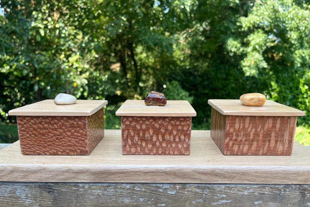 Handmade Leopardwood Box Set: Oregon Agate Pulls, Oak Tray