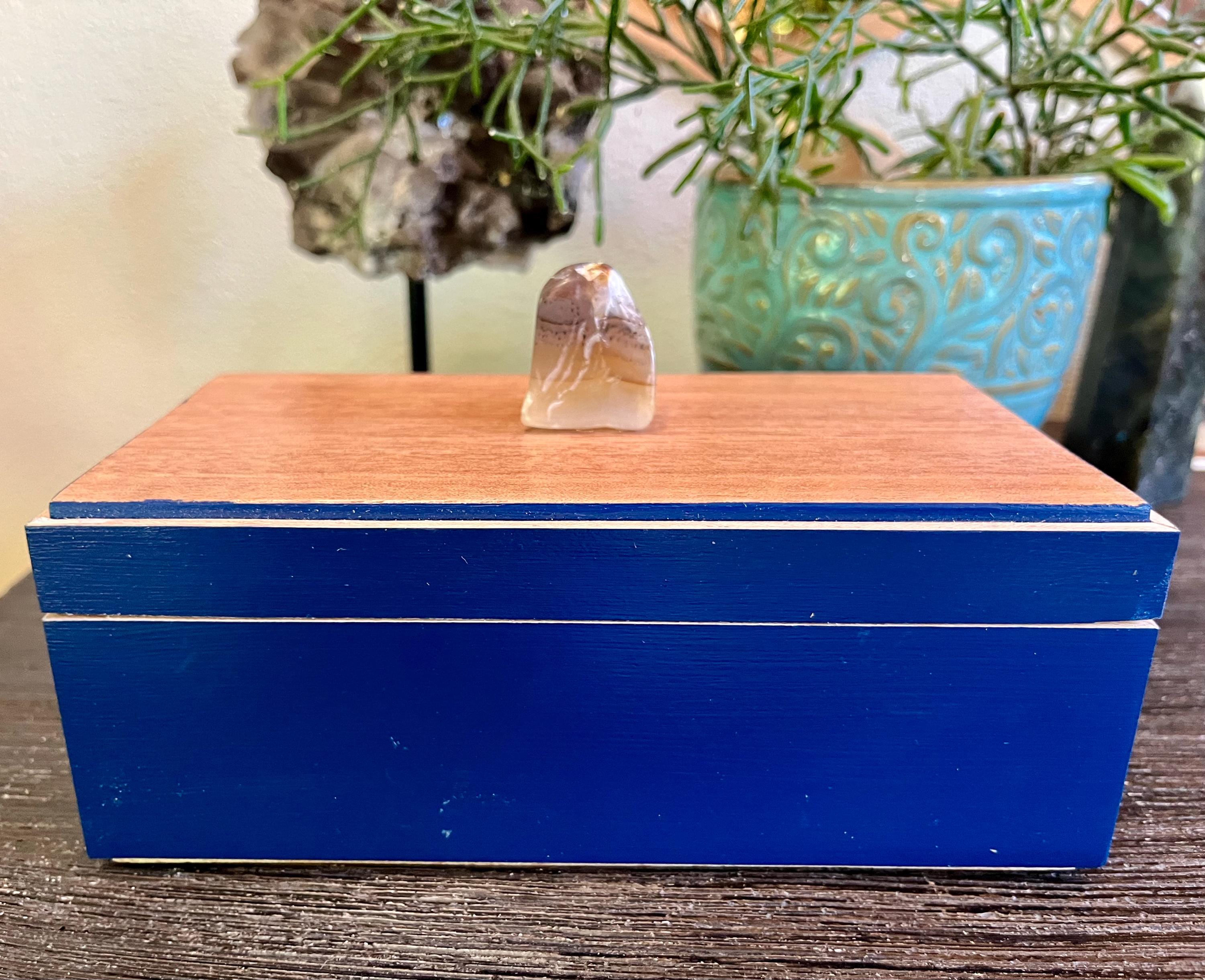Handmade Maple Jewelry Box: Blue Milk Paint Finish, Smokey Quartz Pull