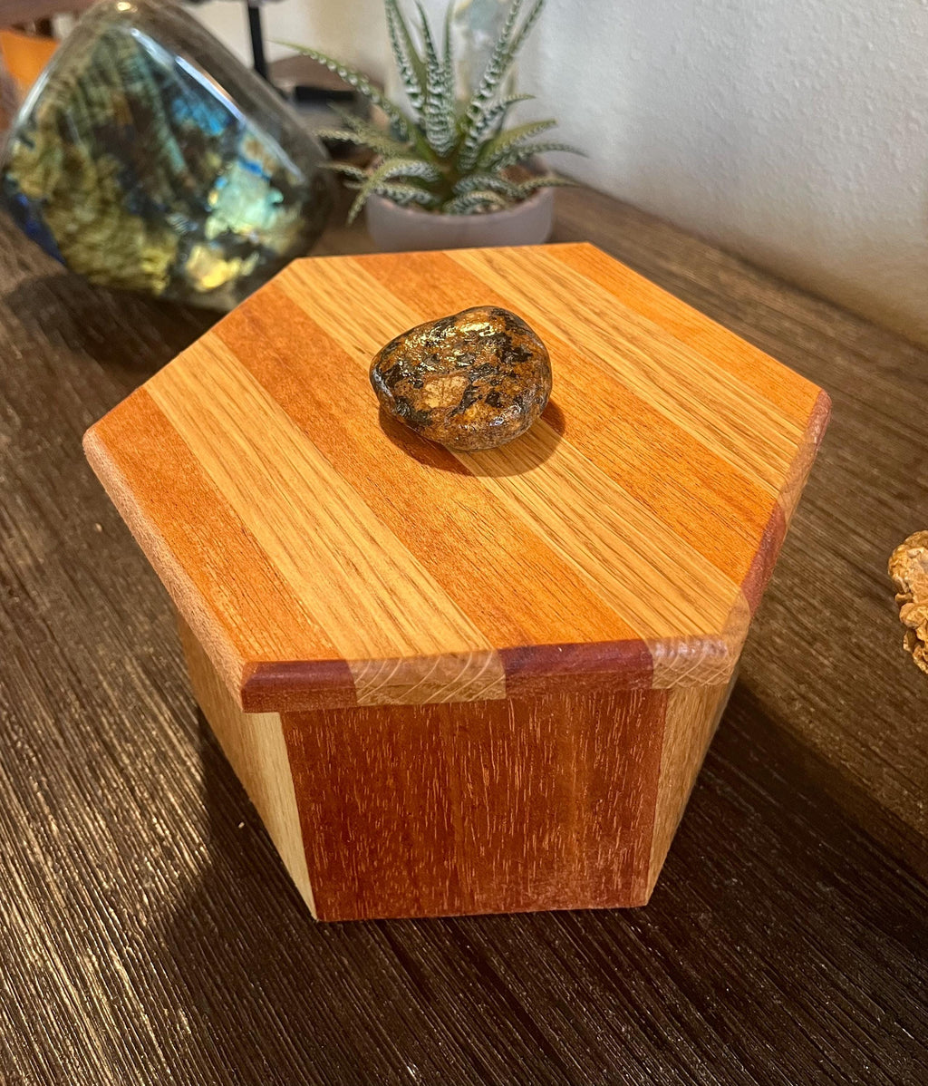 Handcrafted Oak & Mahogany Hexagonal Storage Box with New Zealand Beach Stone Pull