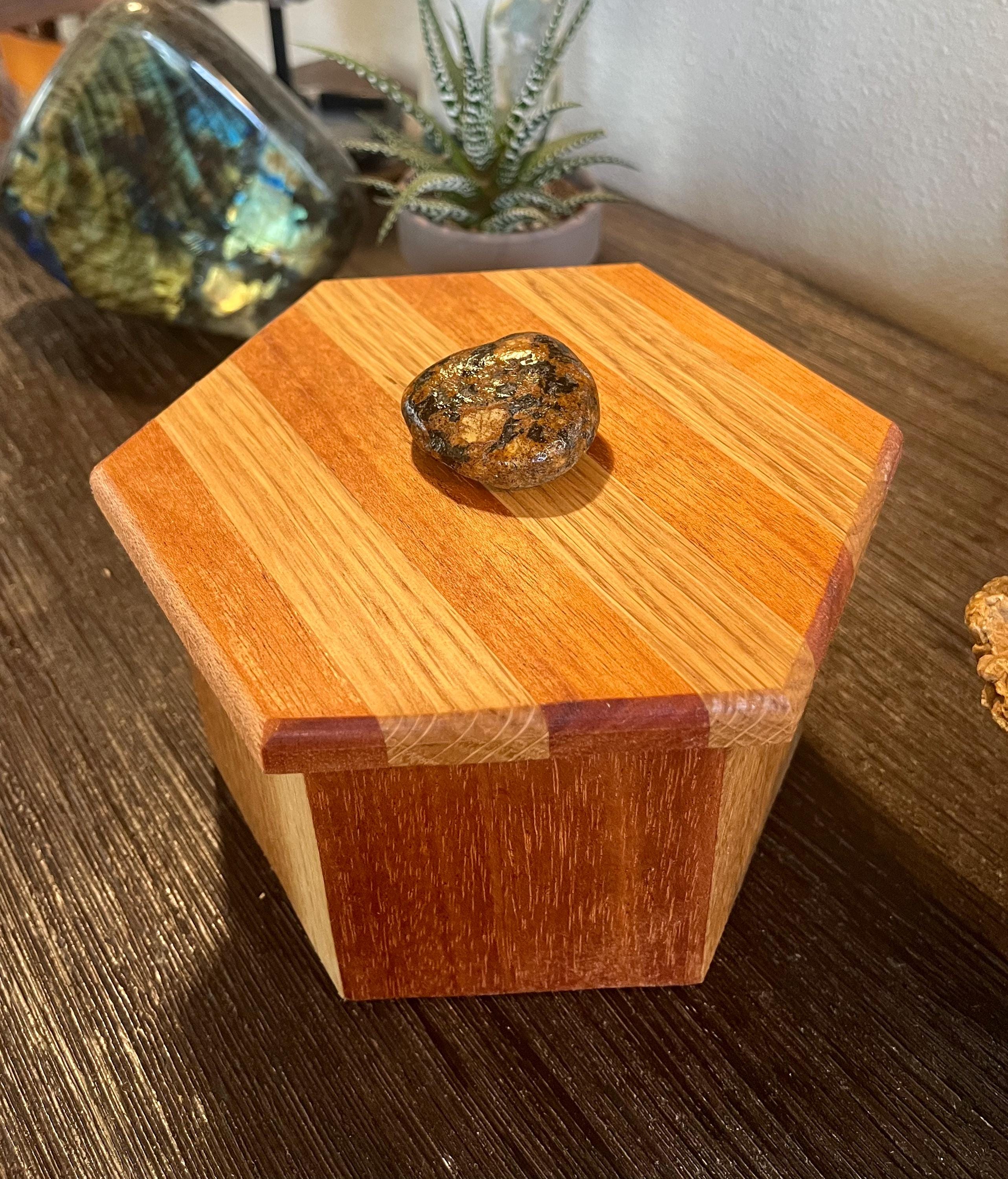 Handcrafted Oak & Mahogany Hexagonal Storage Box with New Zealand Beach Stone Pull