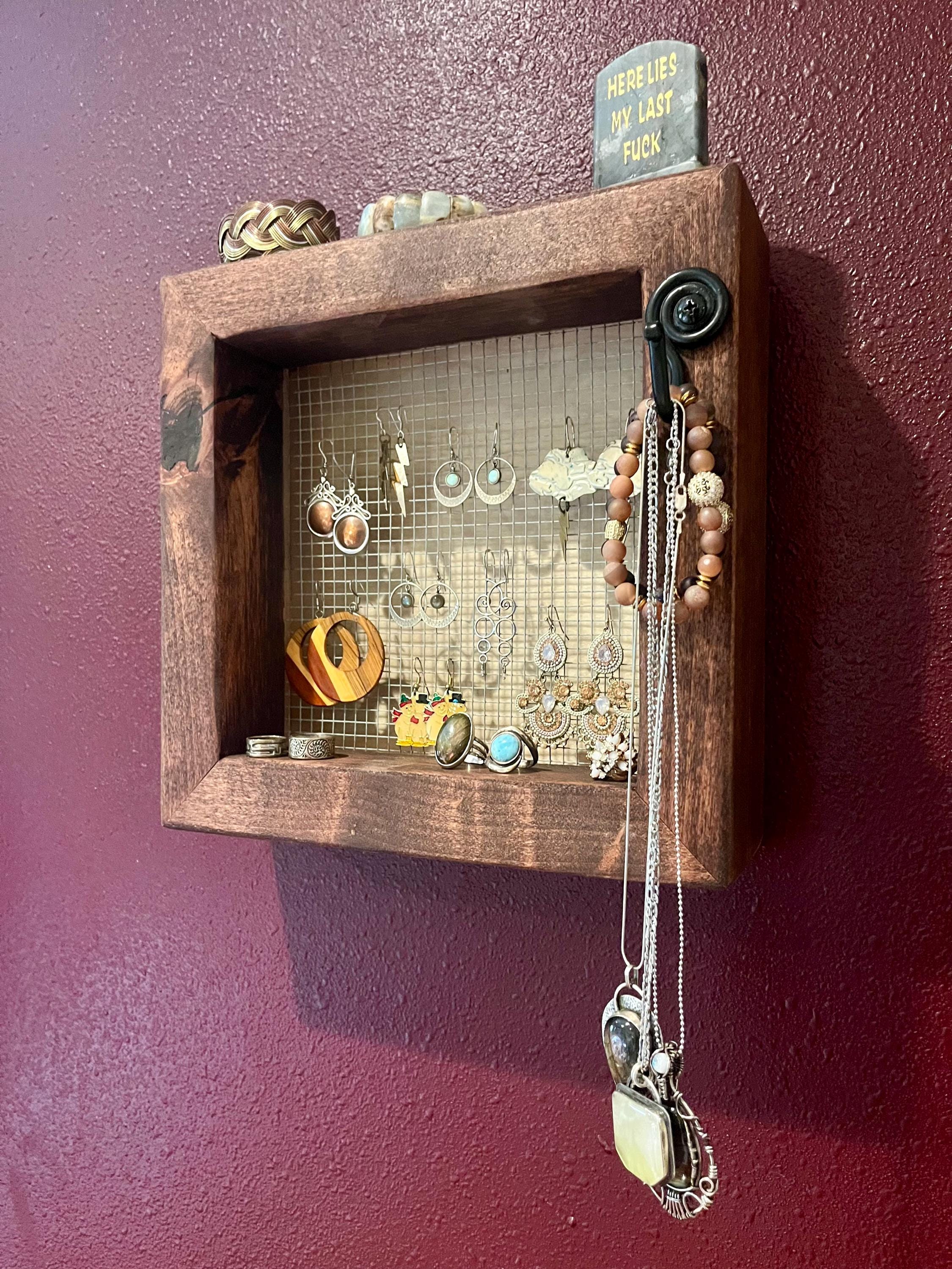 Wall Hanging Alder Wood Jewelry Display with Mesh Backing, Necklace Hook, Shelf | Locally Grown Wood
