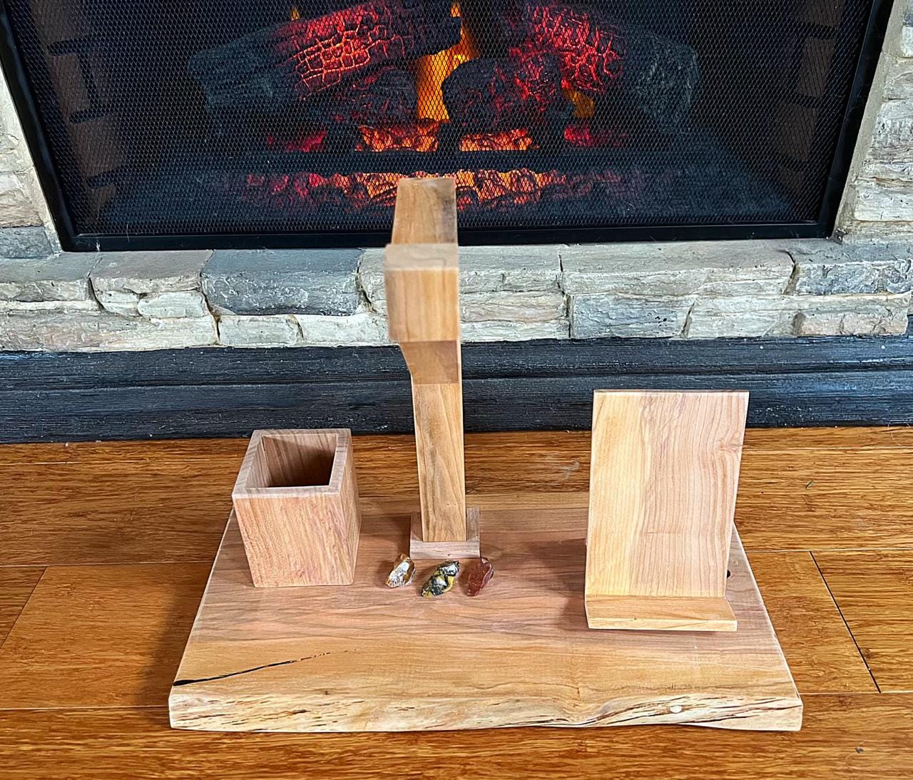 Handcrafted Plum Wood Headphone Stand with Phone & Pen Holder