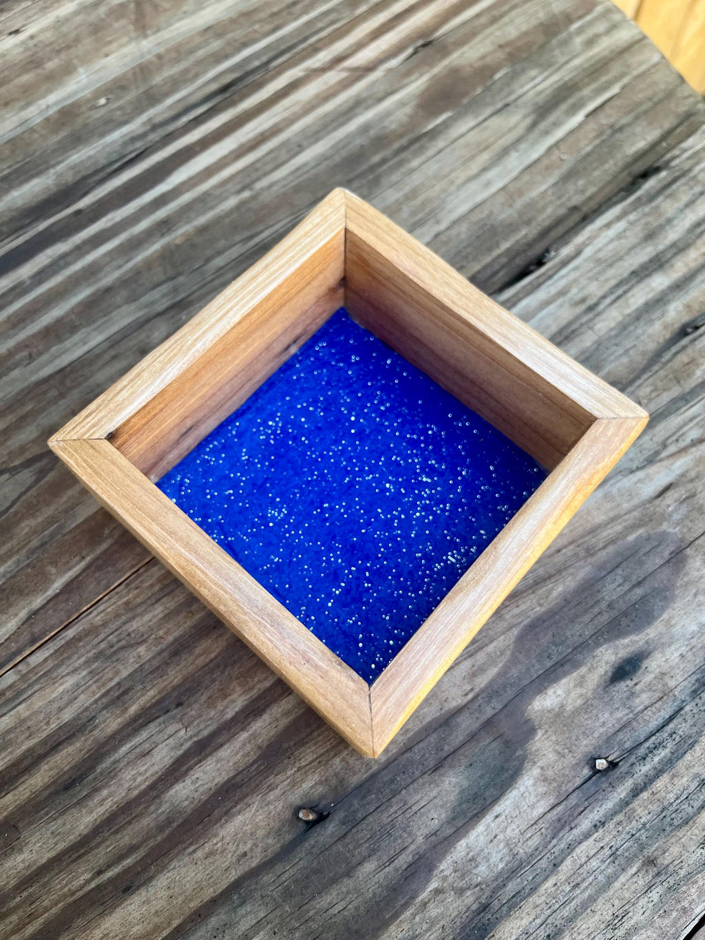 Handmade Plum Wood Ring Tray | Live Edge Jewelry Dish, Blue Felt Lined