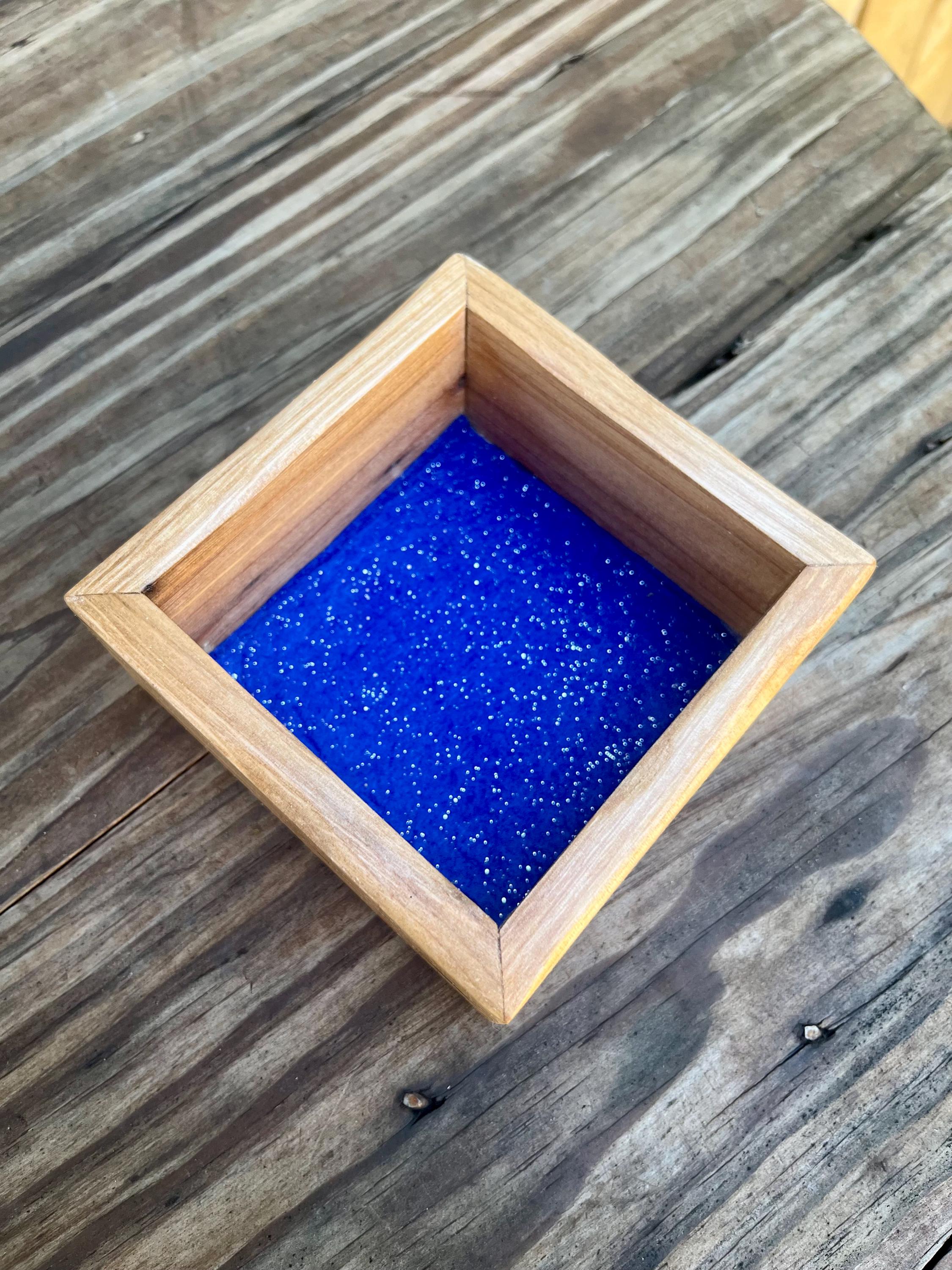 Handmade Plum Wood Ring Tray | Live Edge Jewelry Dish, Blue Felt Lined