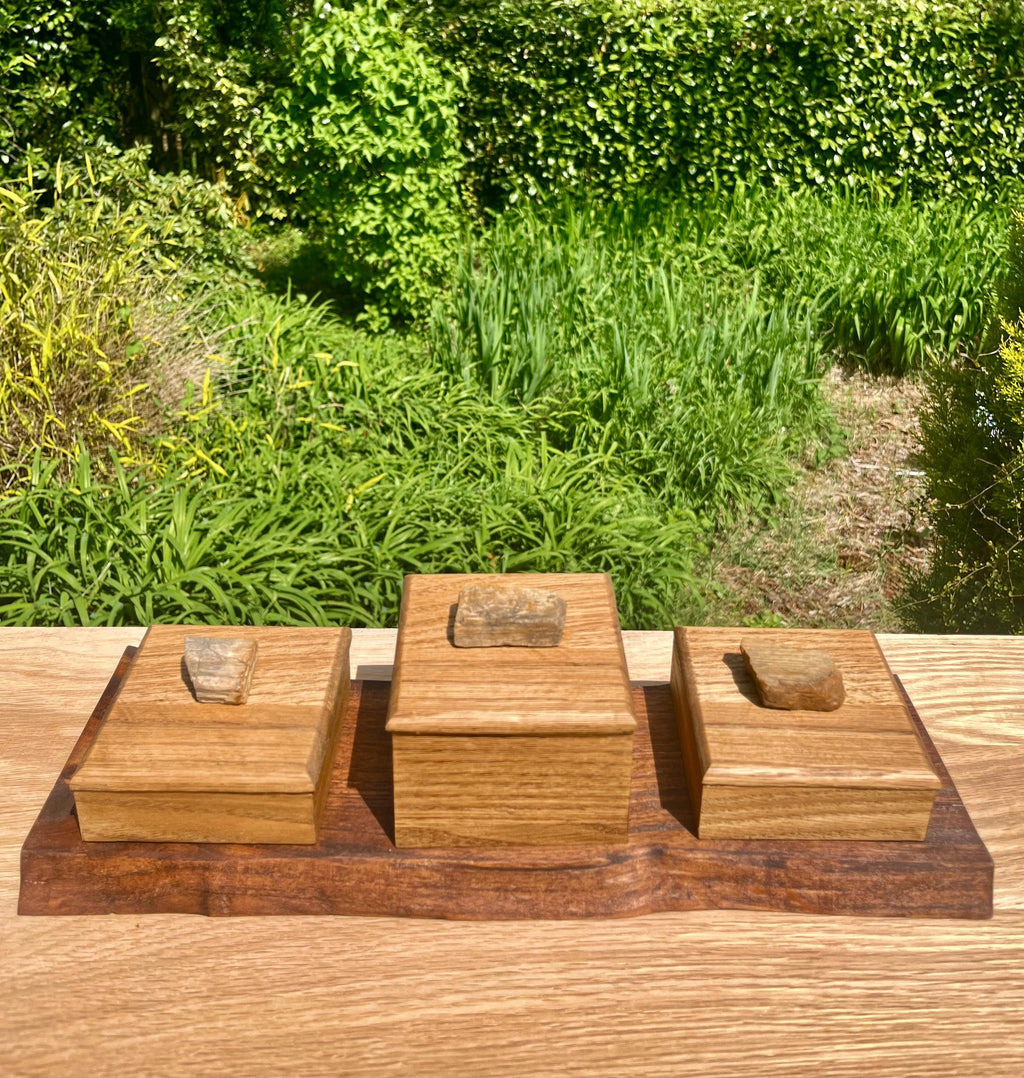 Oak 3-Box Set: Petrified Wood Pulls, Live-Edge Alder Tray