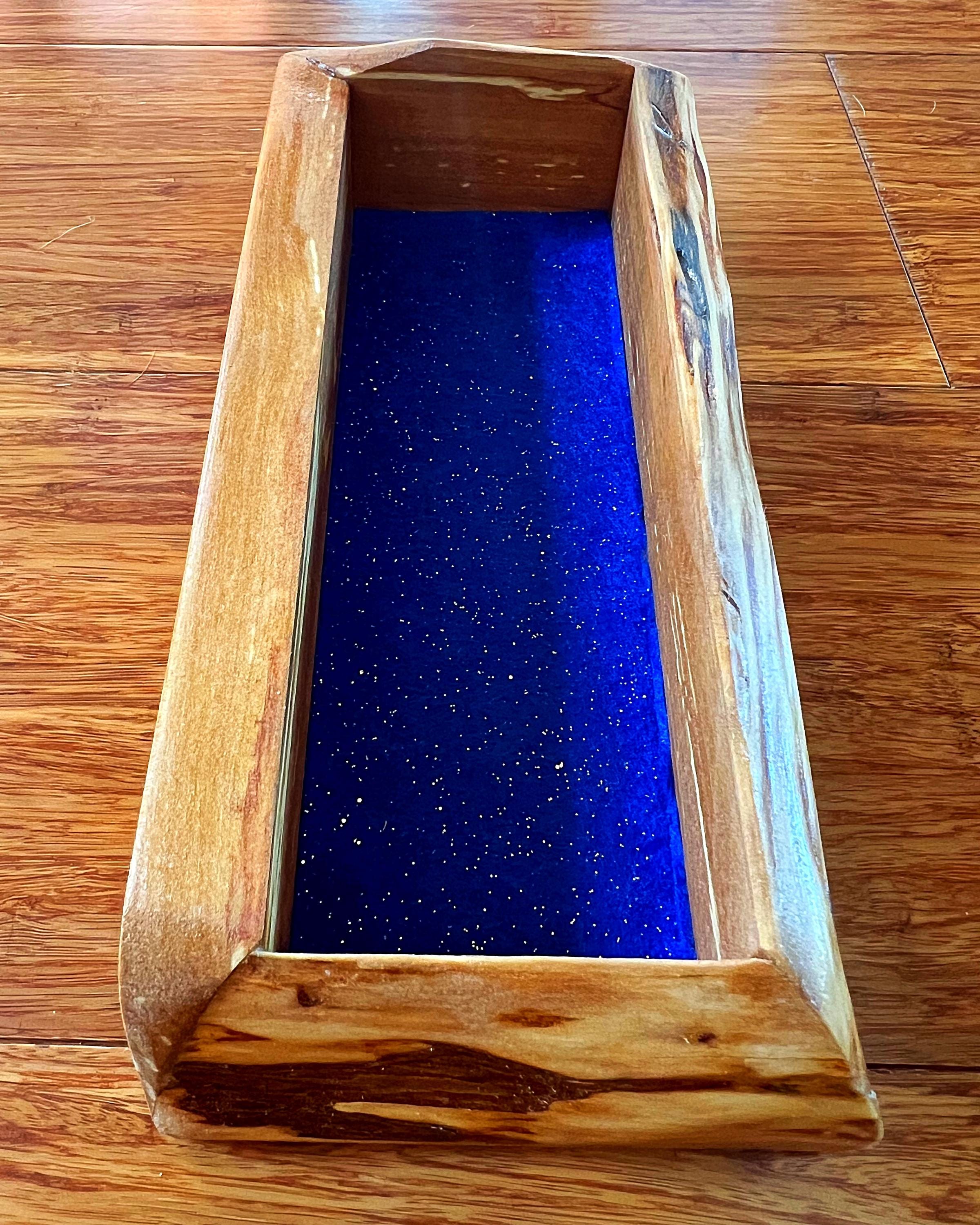 Live-Edge Apple Wood Jewelry Tray: Blue Sparkle Felt, Handmade Keepsake Holder