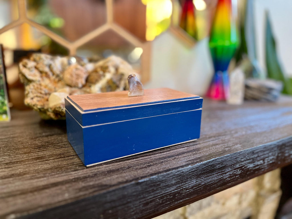 Handmade Maple Jewelry Box: Blue Milk Paint Finish, Smokey Quartz Pull