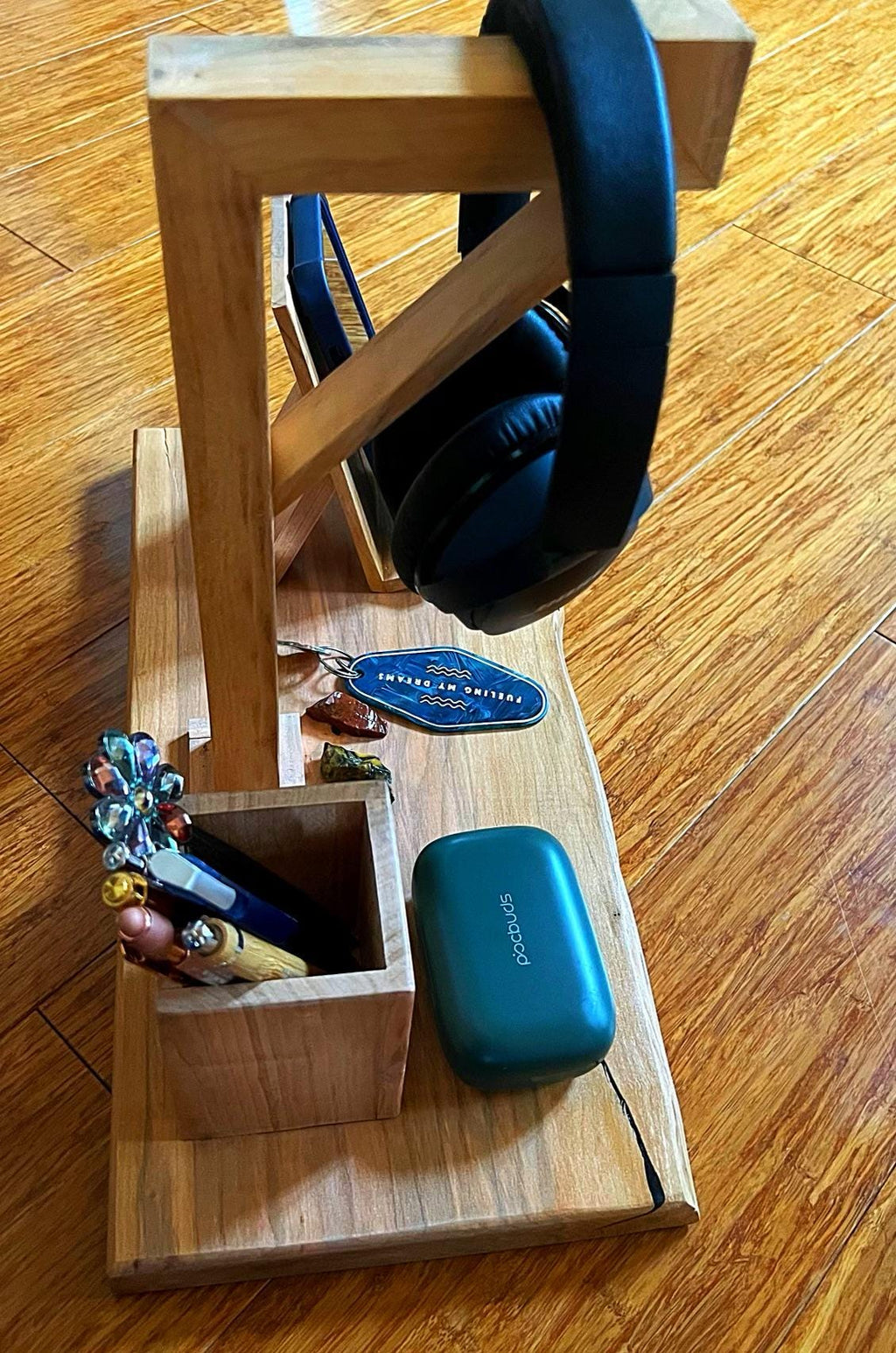 Handcrafted Plum Wood Headphone Stand with Phone & Pen Holder