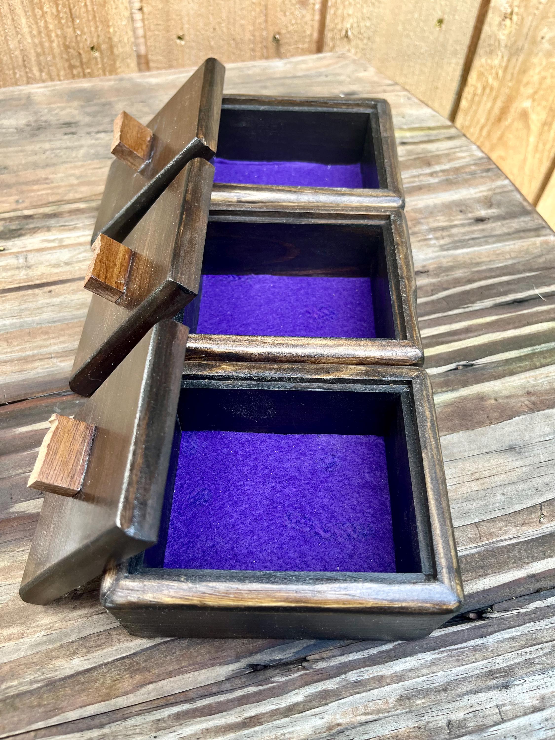 Handmade Spruce Wood Jewelry Box Set – Raw Walnut Pulls, Purple Felt Lined