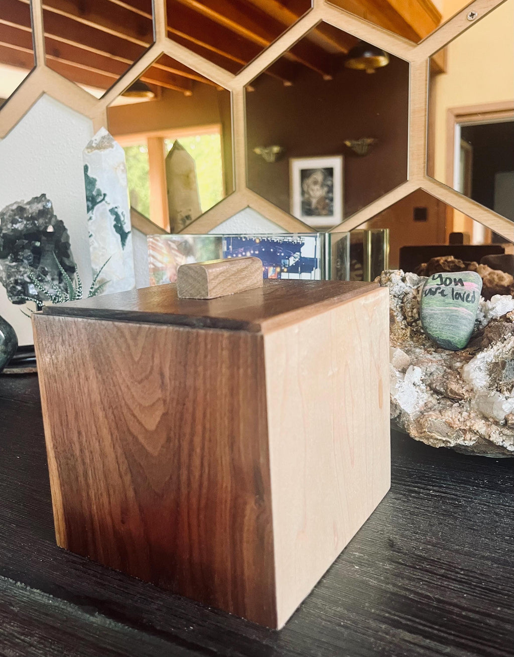 Handmade Walnut & Maple Cube Box: Blue Sparkle Felt Lined