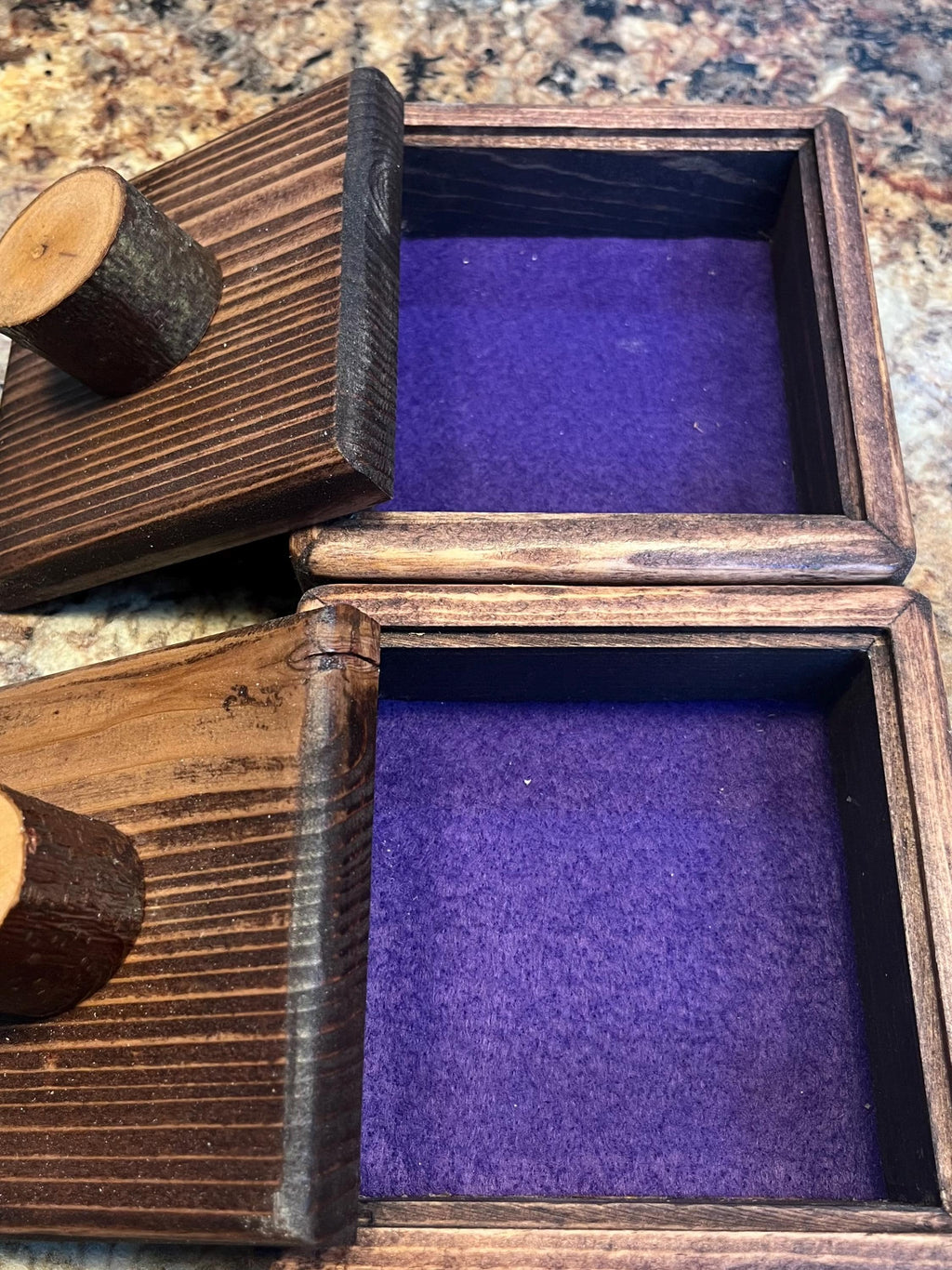 Handmade Spruce Wood Jewelry Box Set – Rustic Plum Wood Pulls, Purple Felt