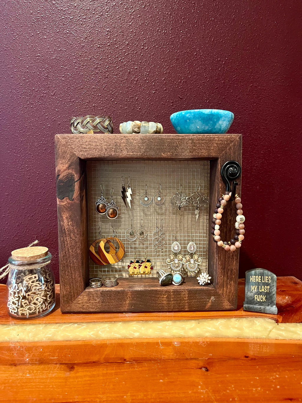 Wall Hanging Alder Wood Jewelry Display with Mesh Backing, Necklace Hook, Shelf | Locally Grown Wood