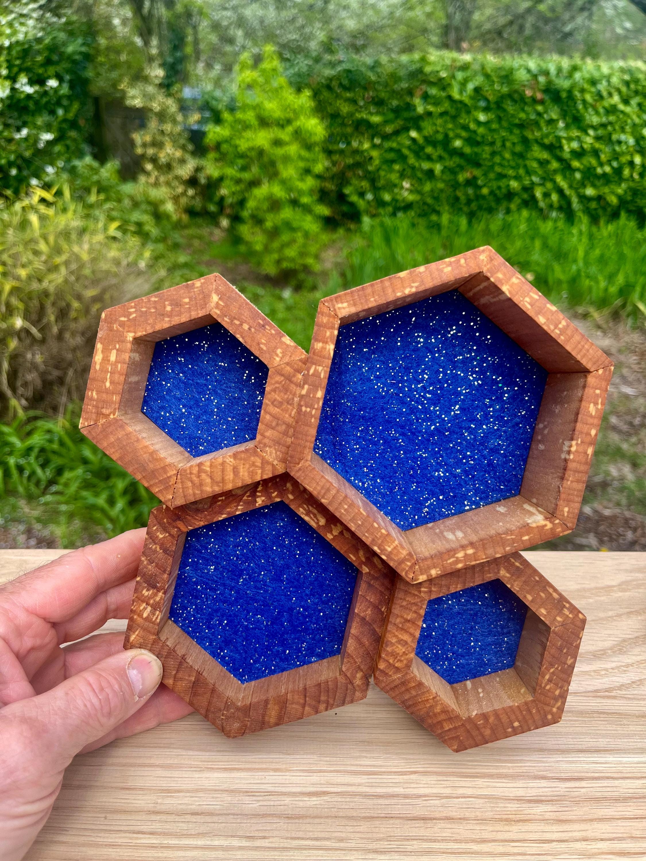 Handmade Alder Wood Honeycomb Jewelry Box: Blue Sparkle Felt Lining