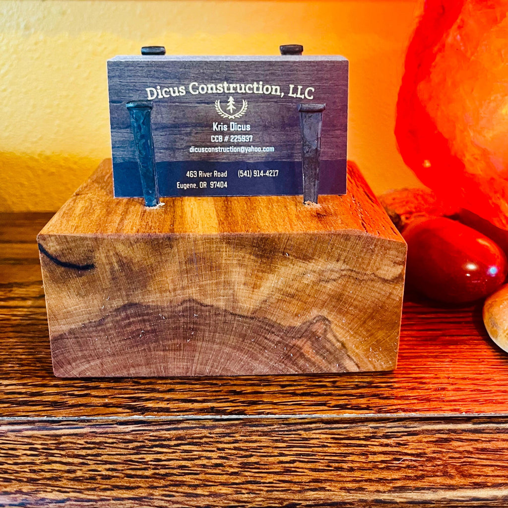 Handmade Plum and Apple Wood Business Card Holder: Rustic Desk Decor with Antique Nails