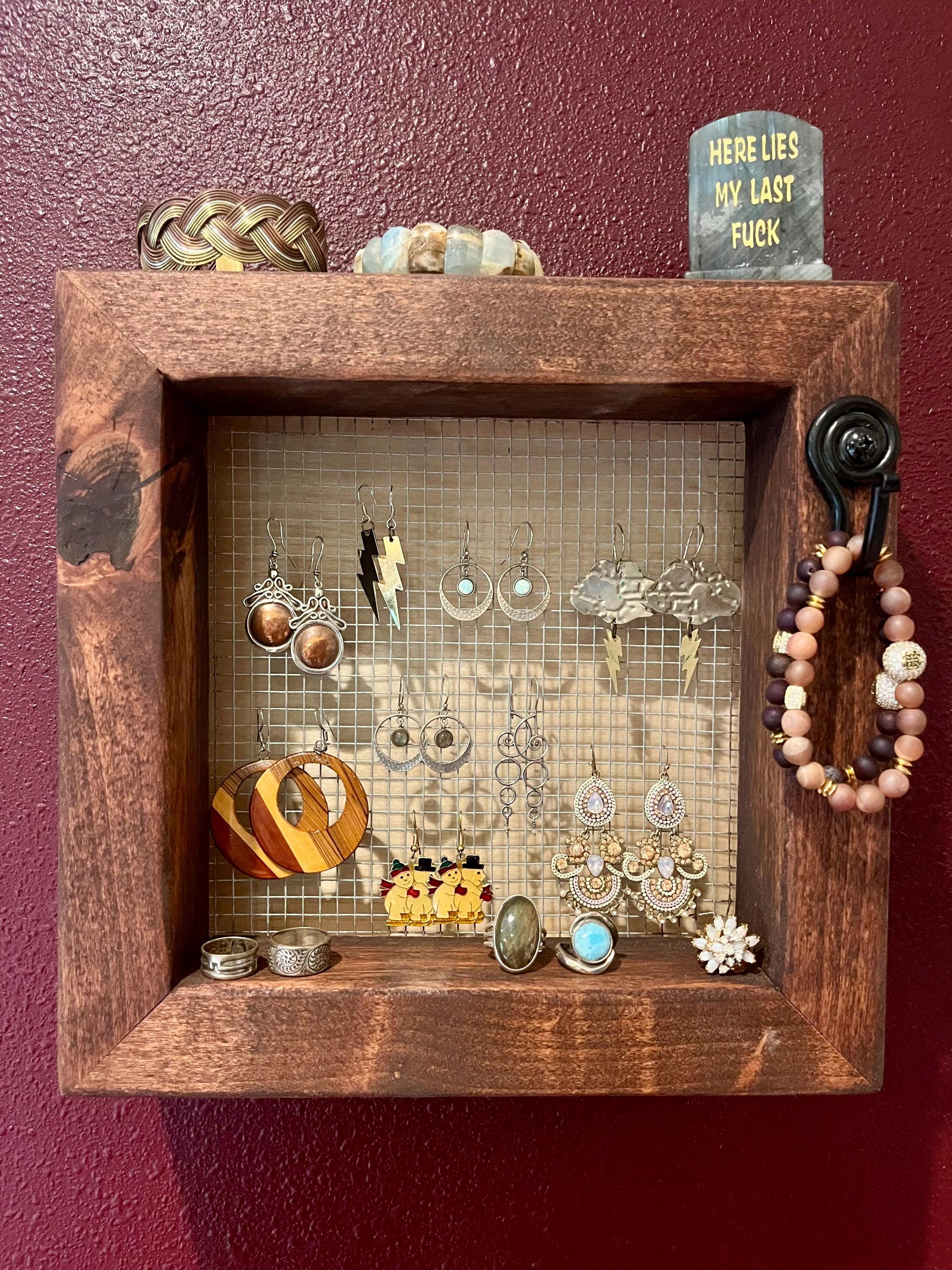 Wall Hanging Alder Wood Jewelry Display with Mesh Backing, Necklace Hook, Shelf | Locally Grown Wood