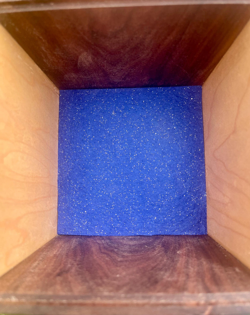 Handmade Walnut & Maple Cube Box: Blue Sparkle Felt Lined