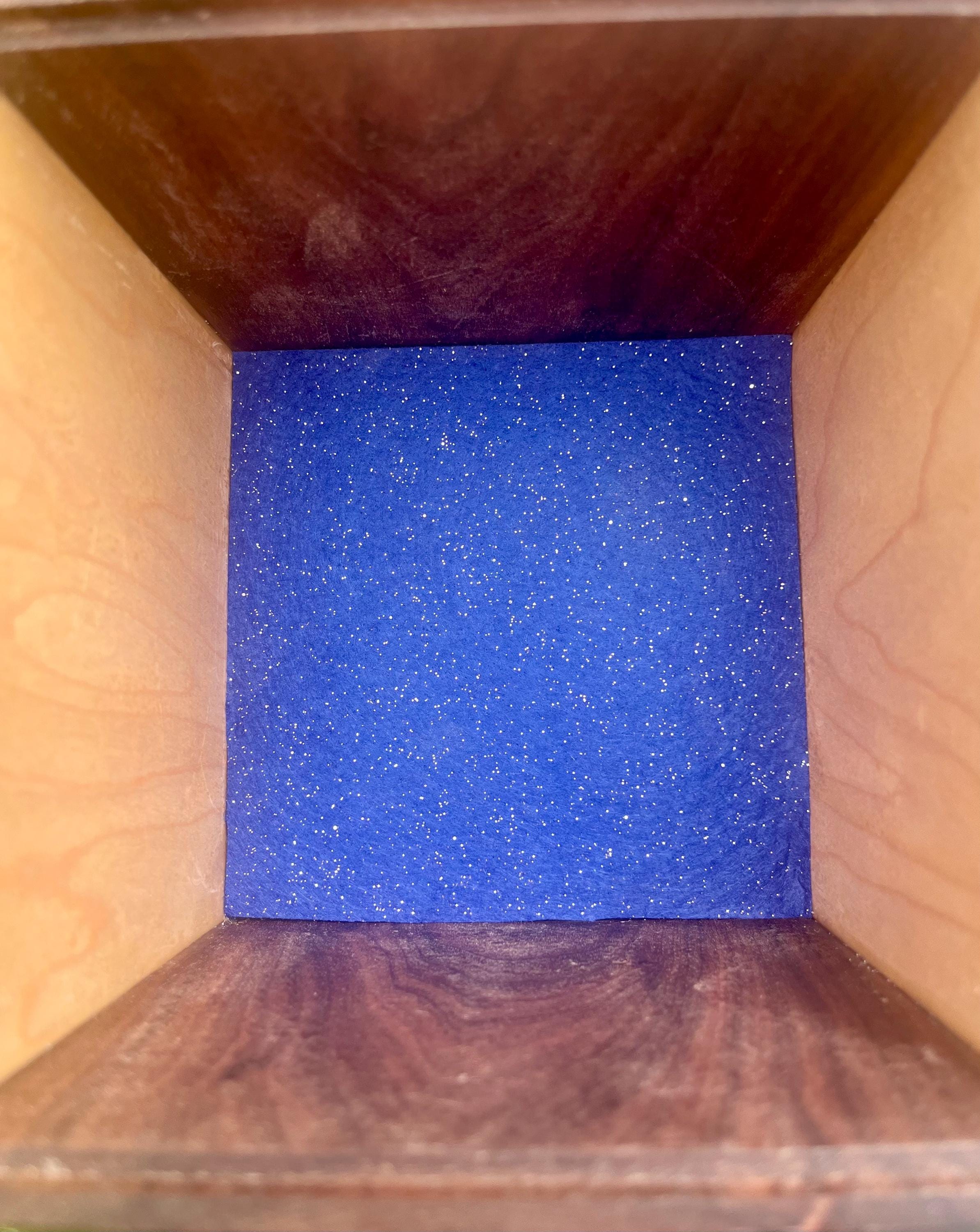 Handmade Walnut & Maple Cube Box: Blue Sparkle Felt Lined
