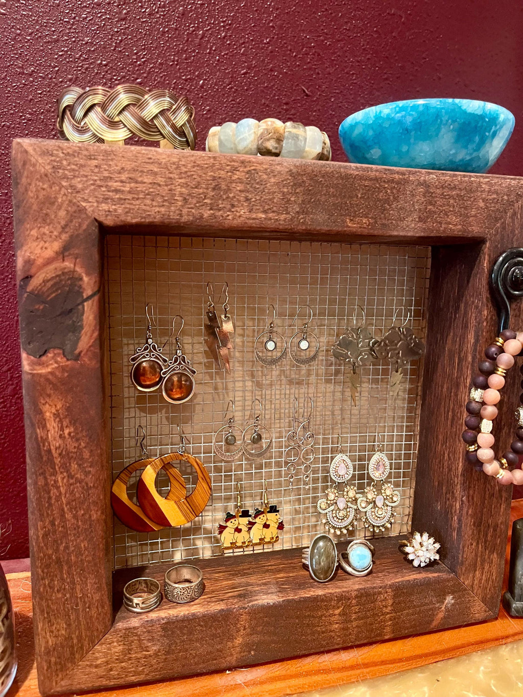 Wall Hanging Alder Wood Jewelry Display with Mesh Backing, Necklace Hook, Shelf | Locally Grown Wood