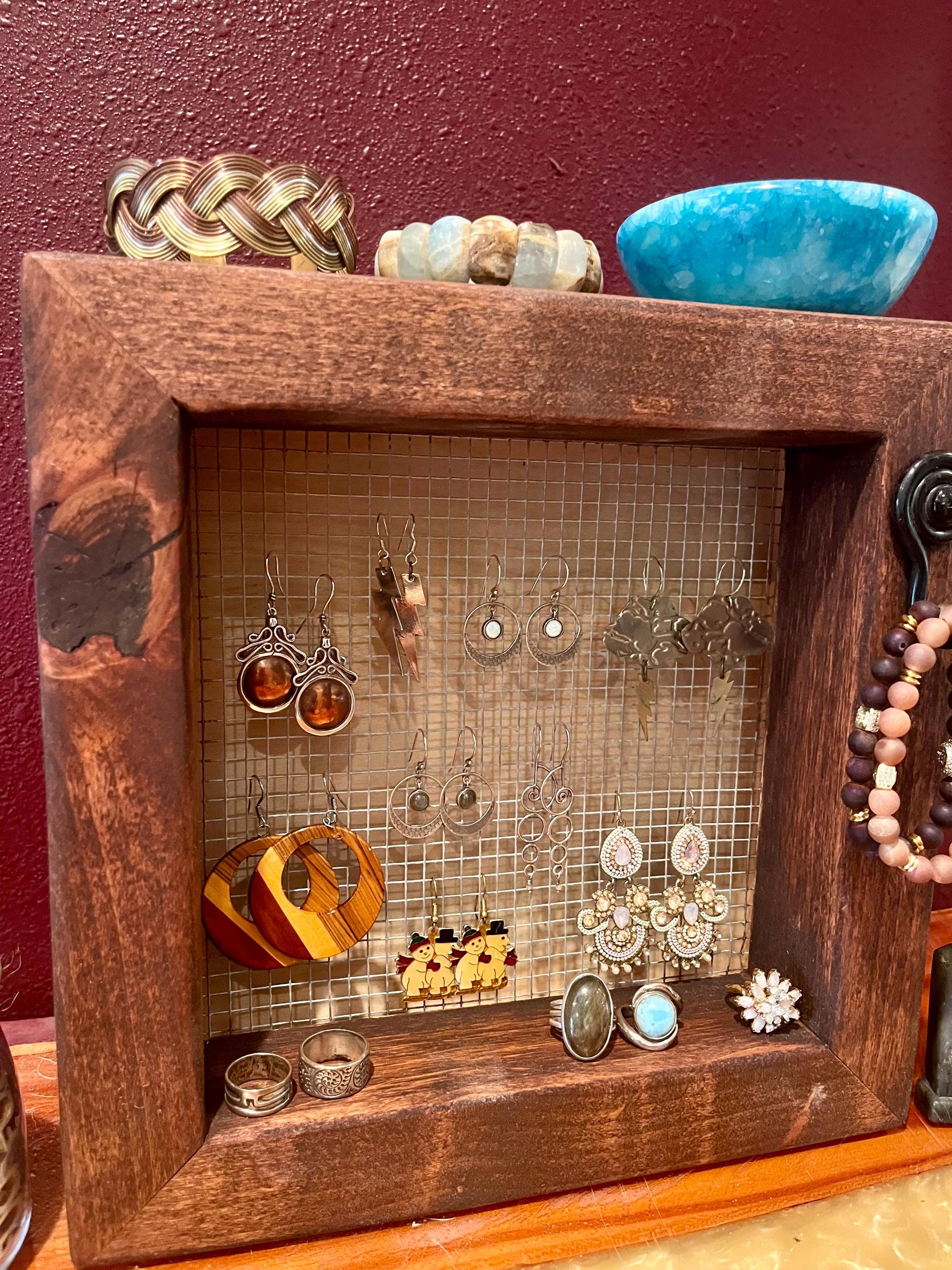 Wall Hanging Alder Wood Jewelry Display with Mesh Backing, Necklace Hook, Shelf | Locally Grown Wood