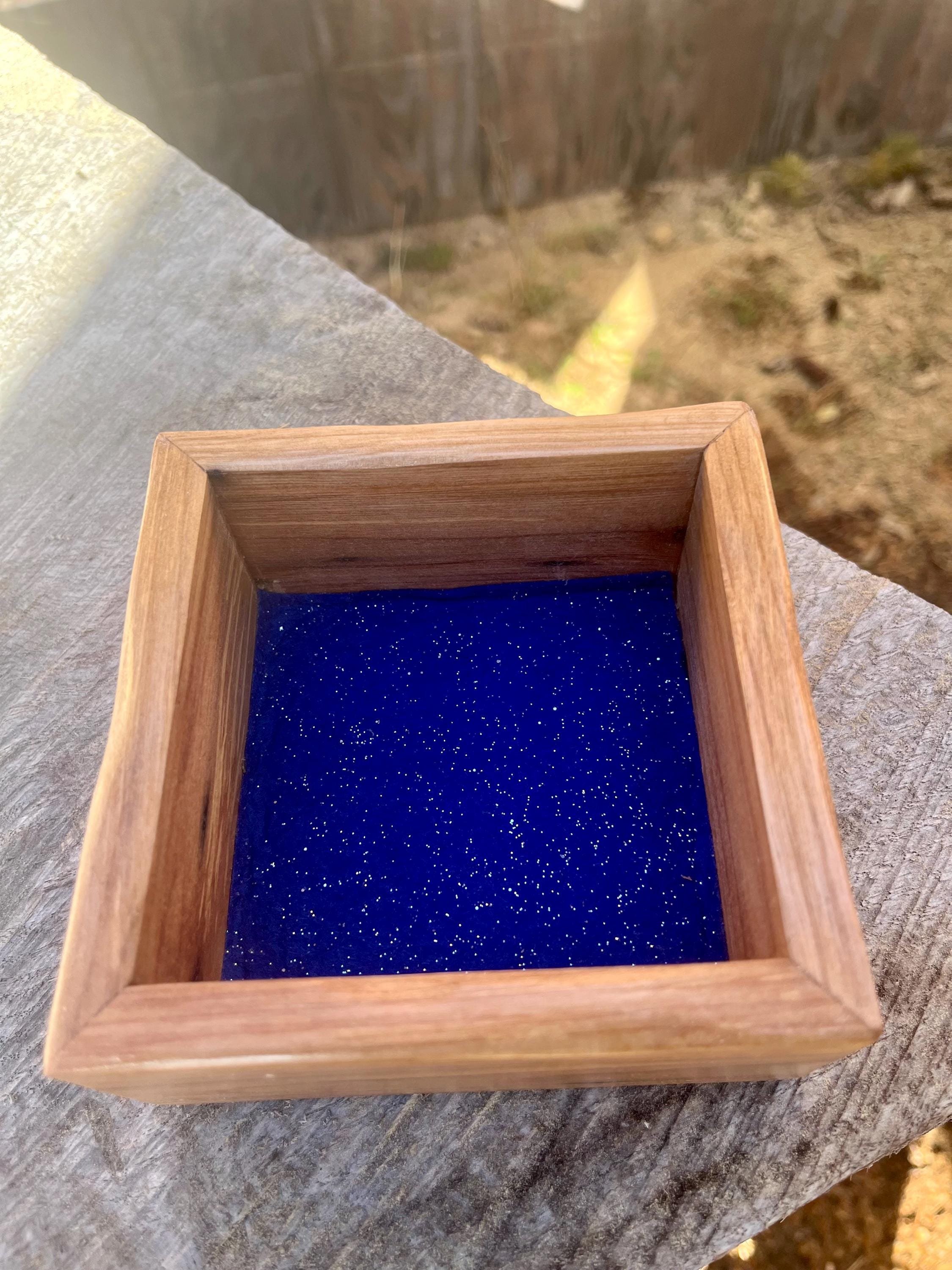 Handmade Plum Wood Ring Tray | Live Edge Jewelry Dish, Blue Felt Lined