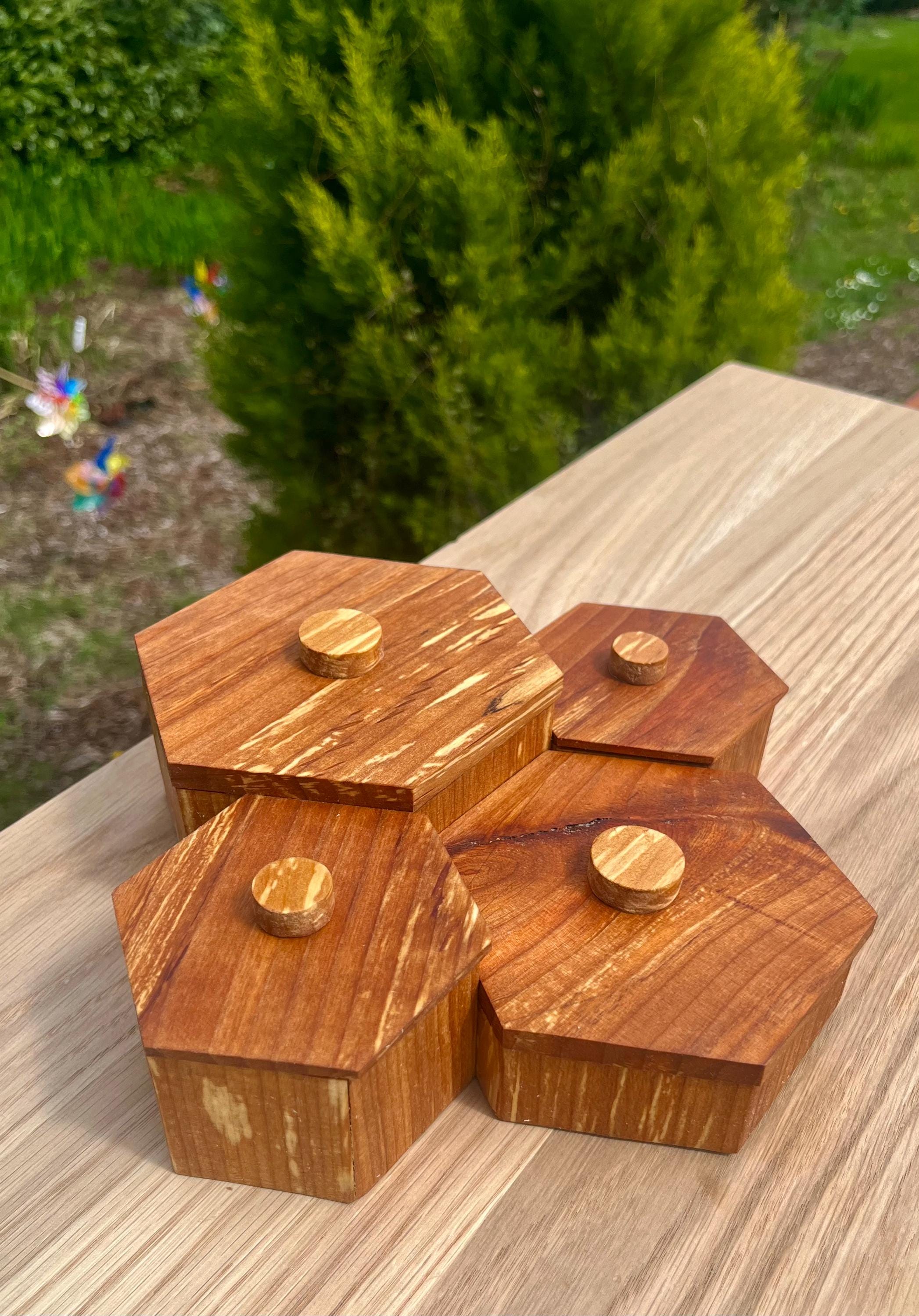 Handmade Alder Wood Honeycomb Jewelry Box: Blue Sparkle Felt Lining