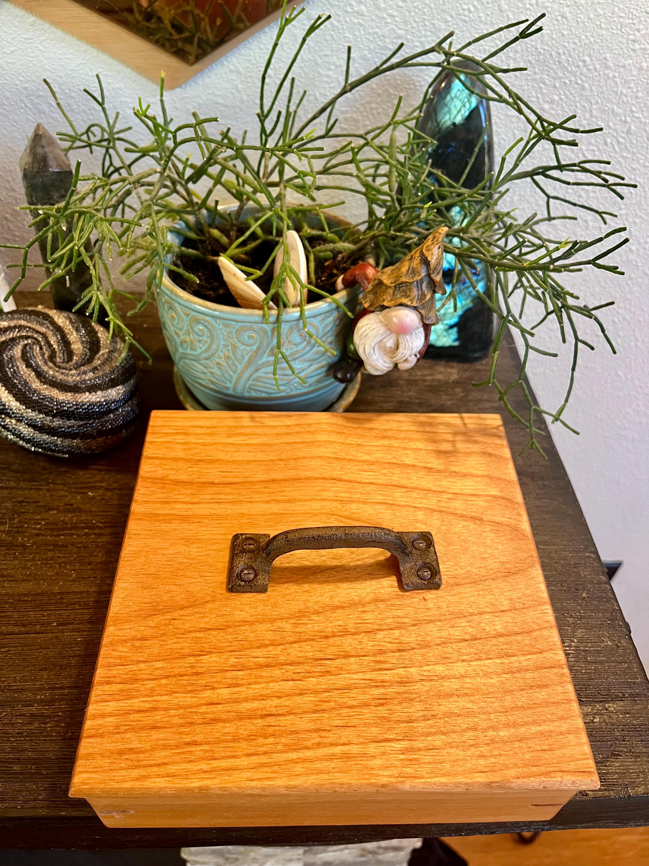 Reclaimed Cherry Wood Jewelry Box: Vintage Cast Iron Handle, Cedar Dividers