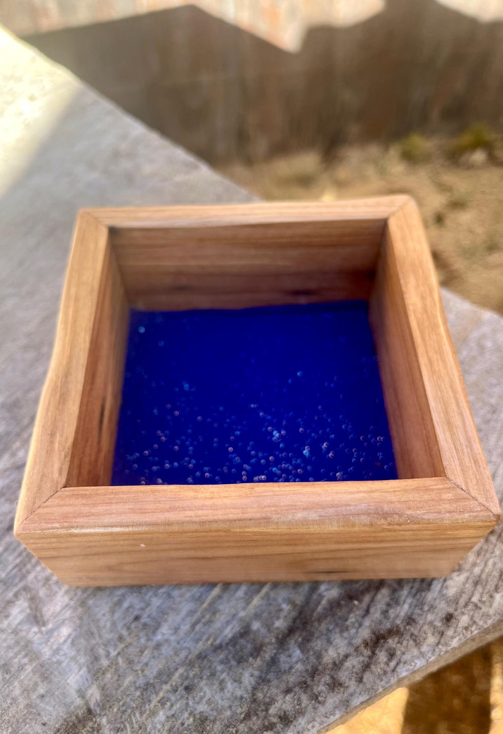 Handmade Plum Wood Ring Tray | Live Edge Jewelry Dish, Blue Felt Lined