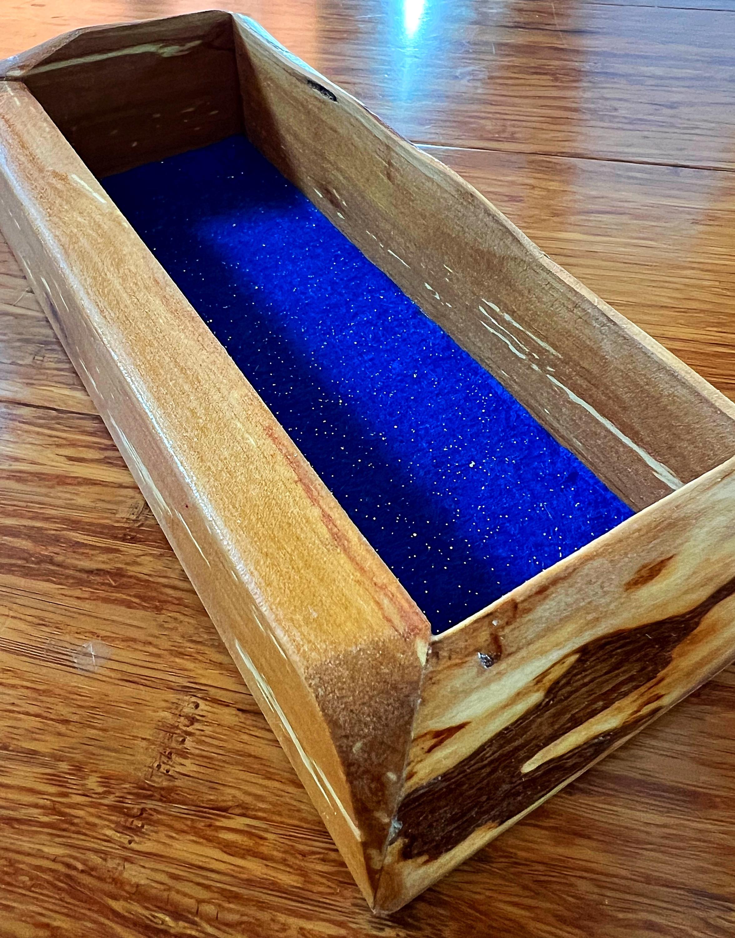 Live-Edge Apple Wood Jewelry Tray: Blue Sparkle Felt, Handmade Keepsake Holder