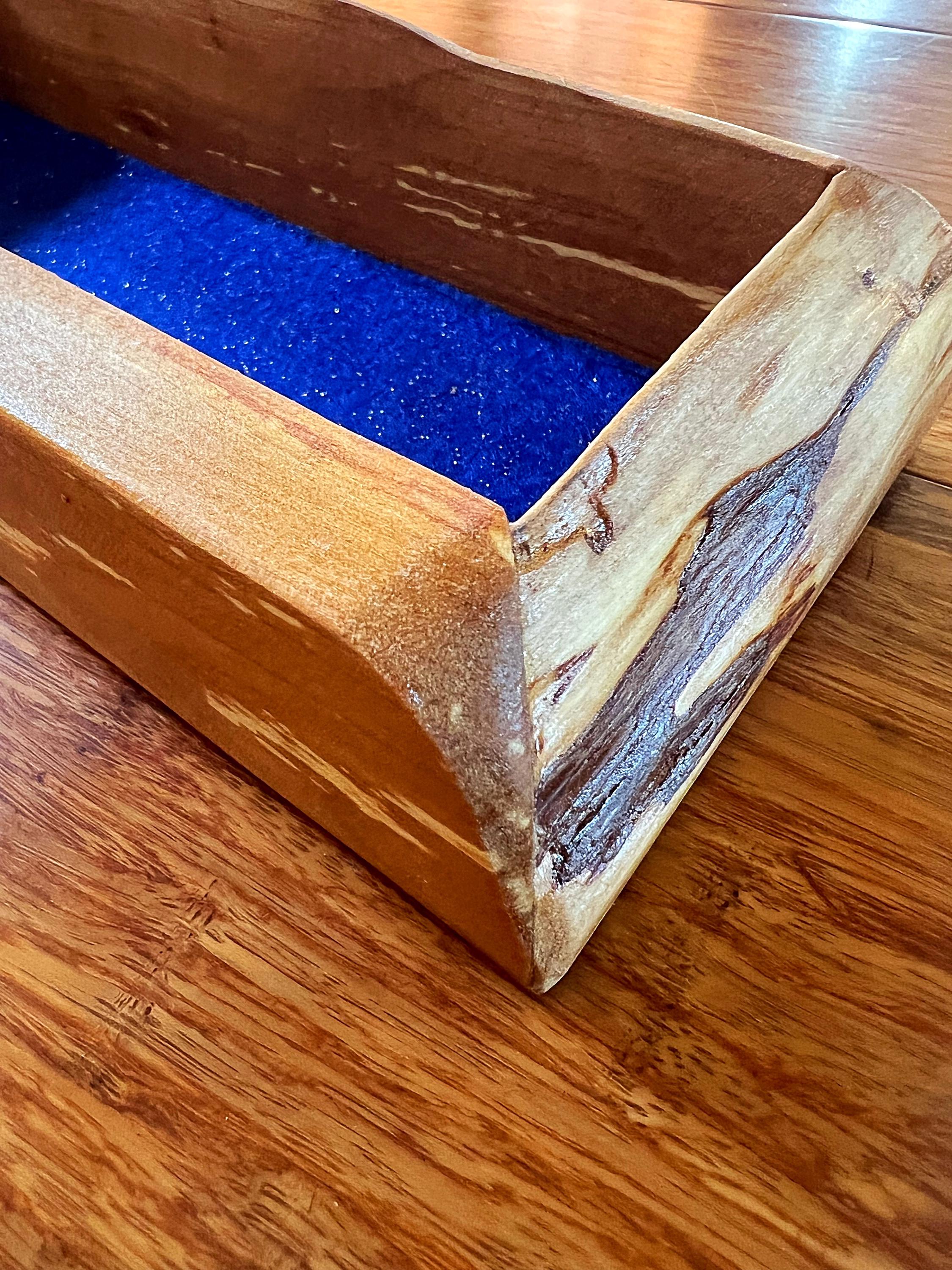 Live-Edge Apple Wood Jewelry Tray: Blue Sparkle Felt, Handmade Keepsake Holder