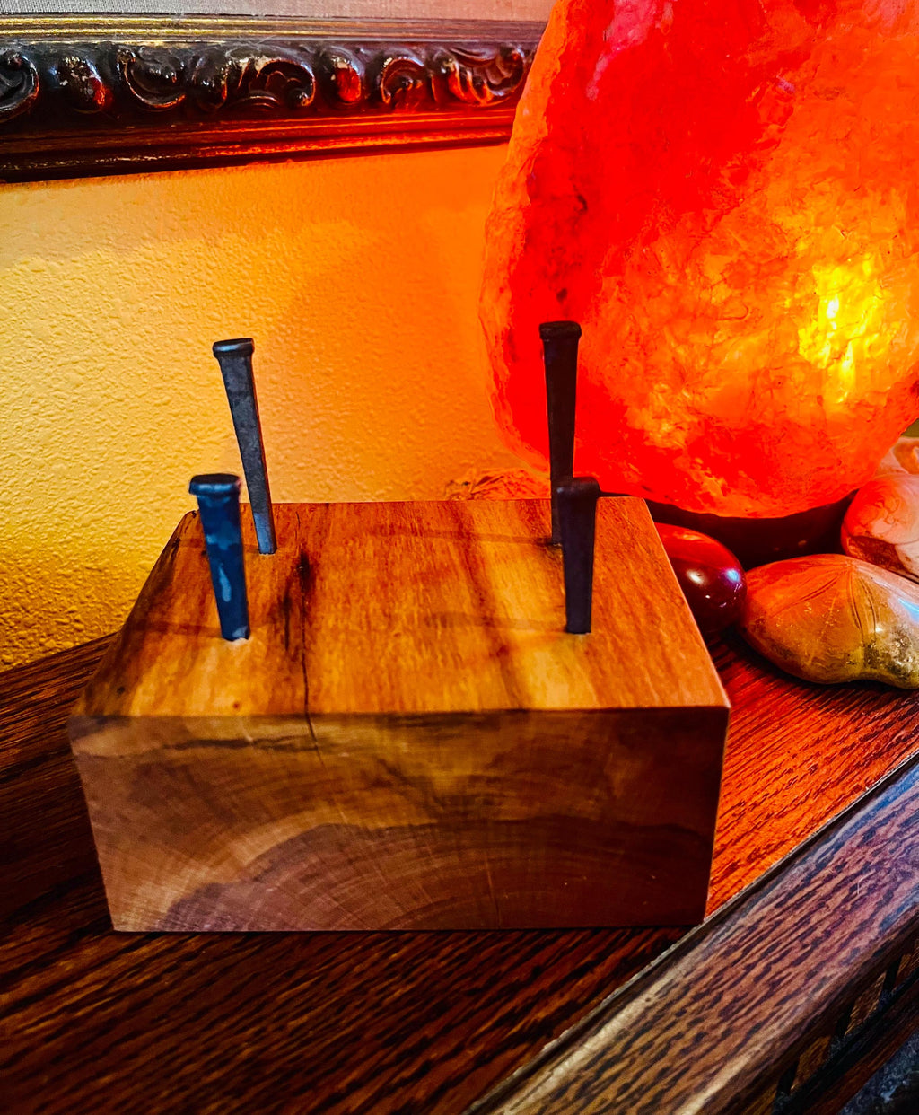 Handmade Plum and Apple Wood Business Card Holder: Rustic Desk Decor with Antique Nails