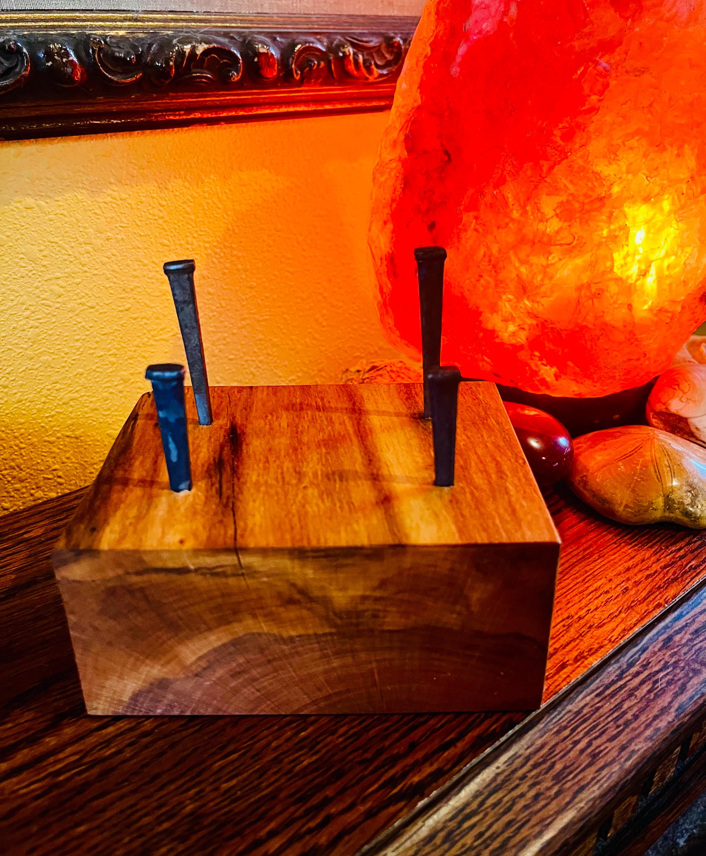 Handmade Plum and Apple Wood Business Card Holder: Rustic Desk Decor with Antique Nails