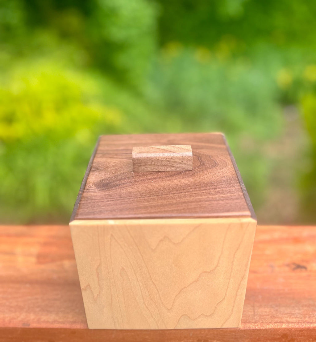 Handmade Walnut & Maple Cube Box: Blue Sparkle Felt Lined