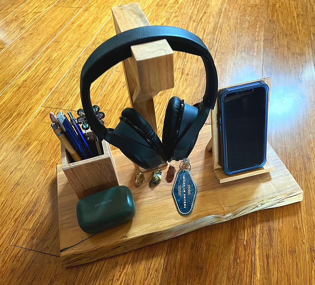Handcrafted Plum Wood Headphone Stand with Phone & Pen Holder