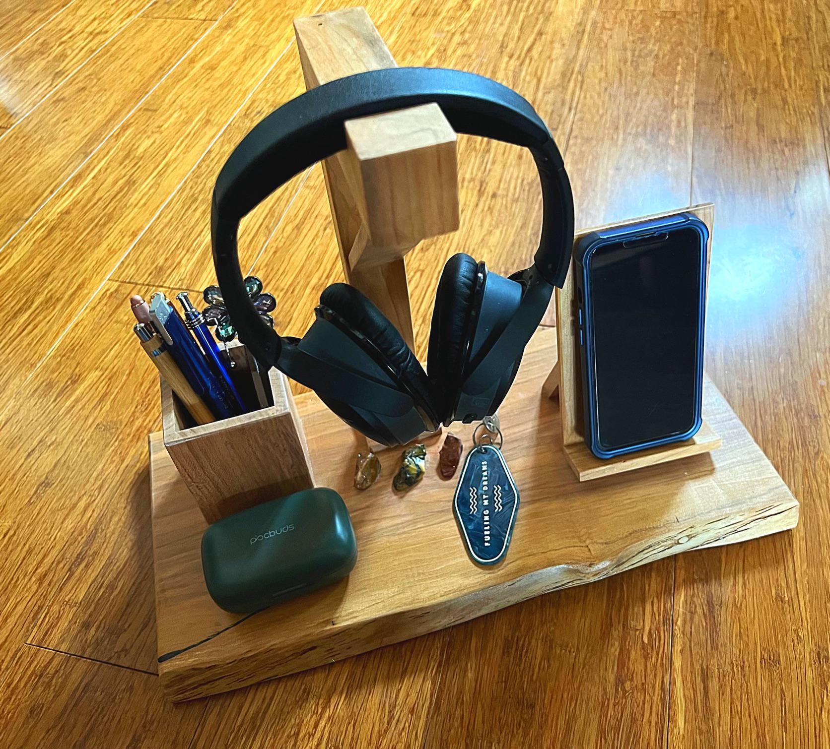 Handcrafted Plum Wood Headphone Stand with Phone & Pen Holder