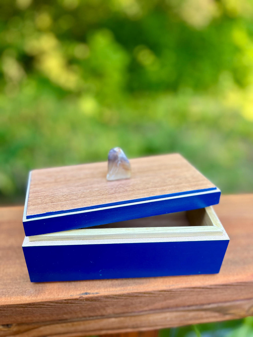 Handmade Maple Jewelry Box: Blue Milk Paint Finish, Smokey Quartz Pull