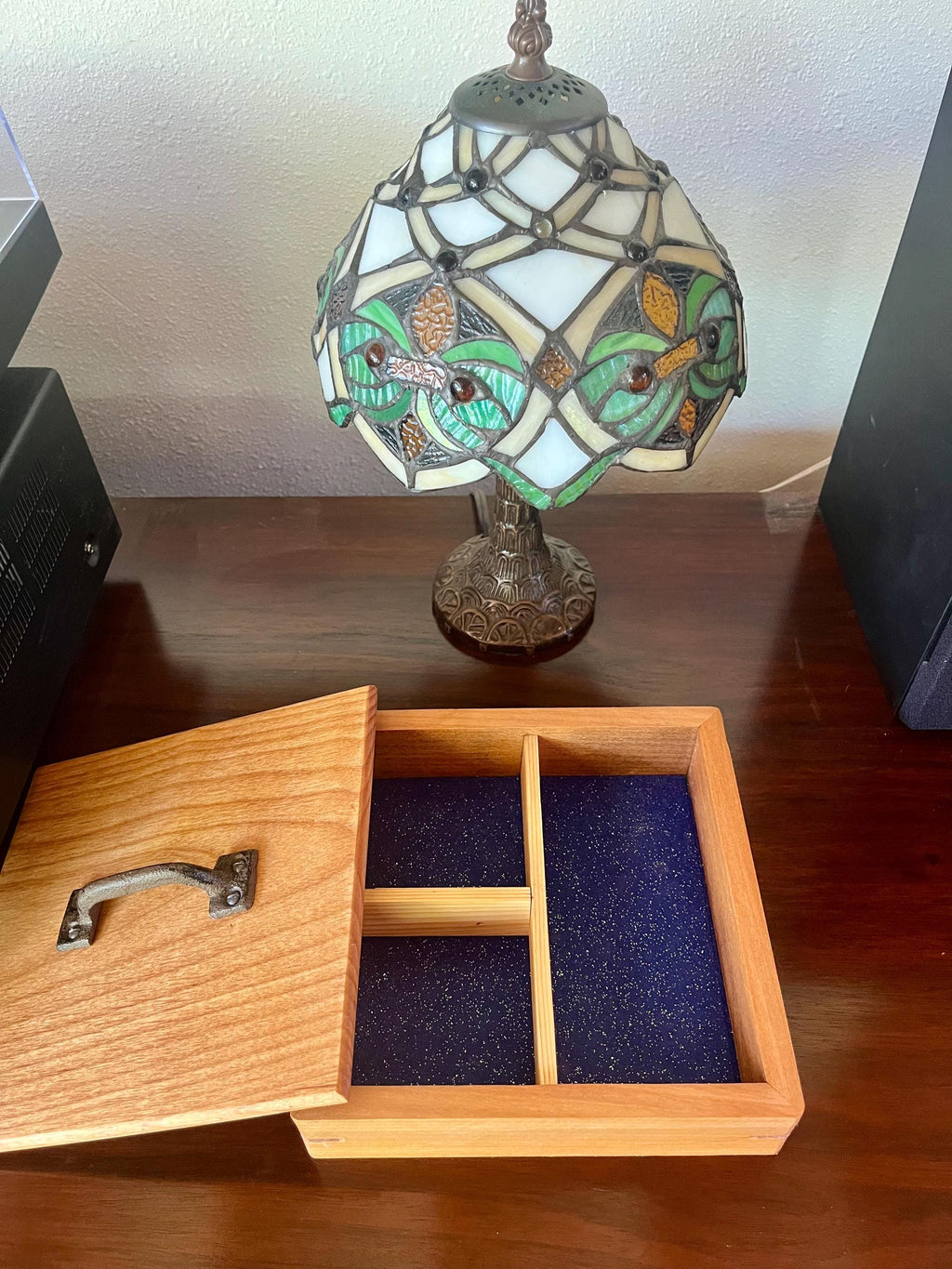 Reclaimed Cherry Wood Jewelry Box: Vintage Cast Iron Handle, Cedar Dividers