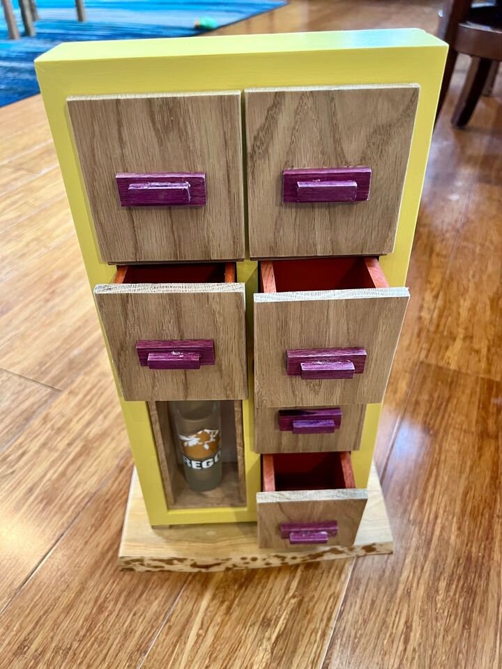 Handmade Wooden Tea Box: Oak Drawers, Purpleheart Pulls, Live Edge Ash Base