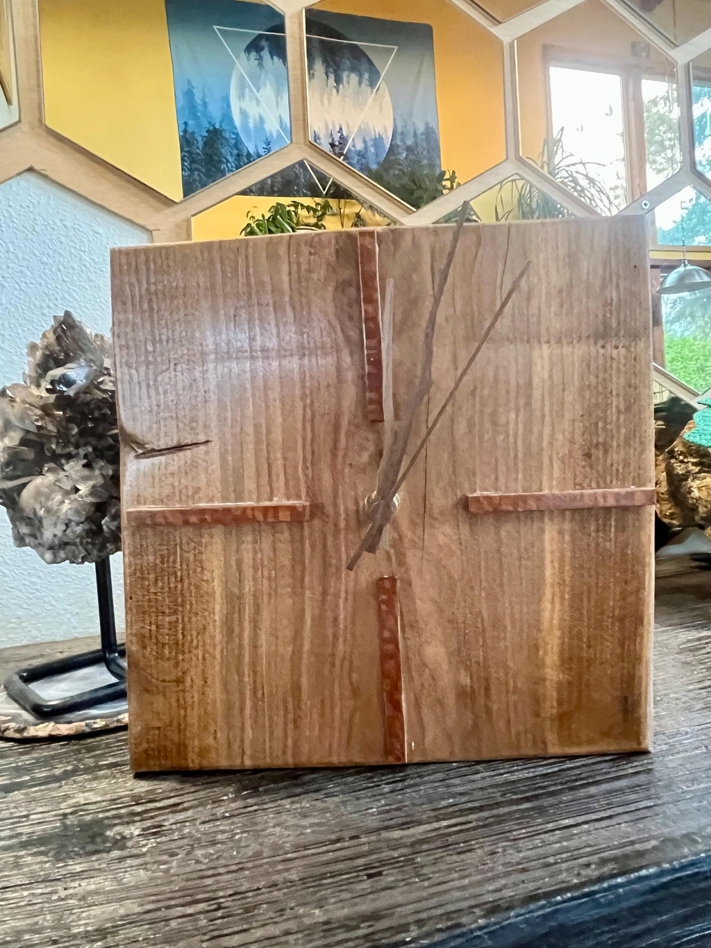 Handmade Live-Edge Plum Wood Clock: Walnut & Leopardwood Inlays
