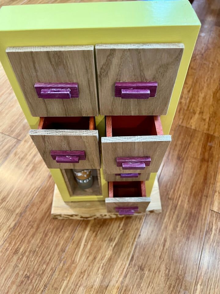 Handmade Wooden Tea Box: Oak Drawers, Purpleheart Pulls, Live Edge Ash Base